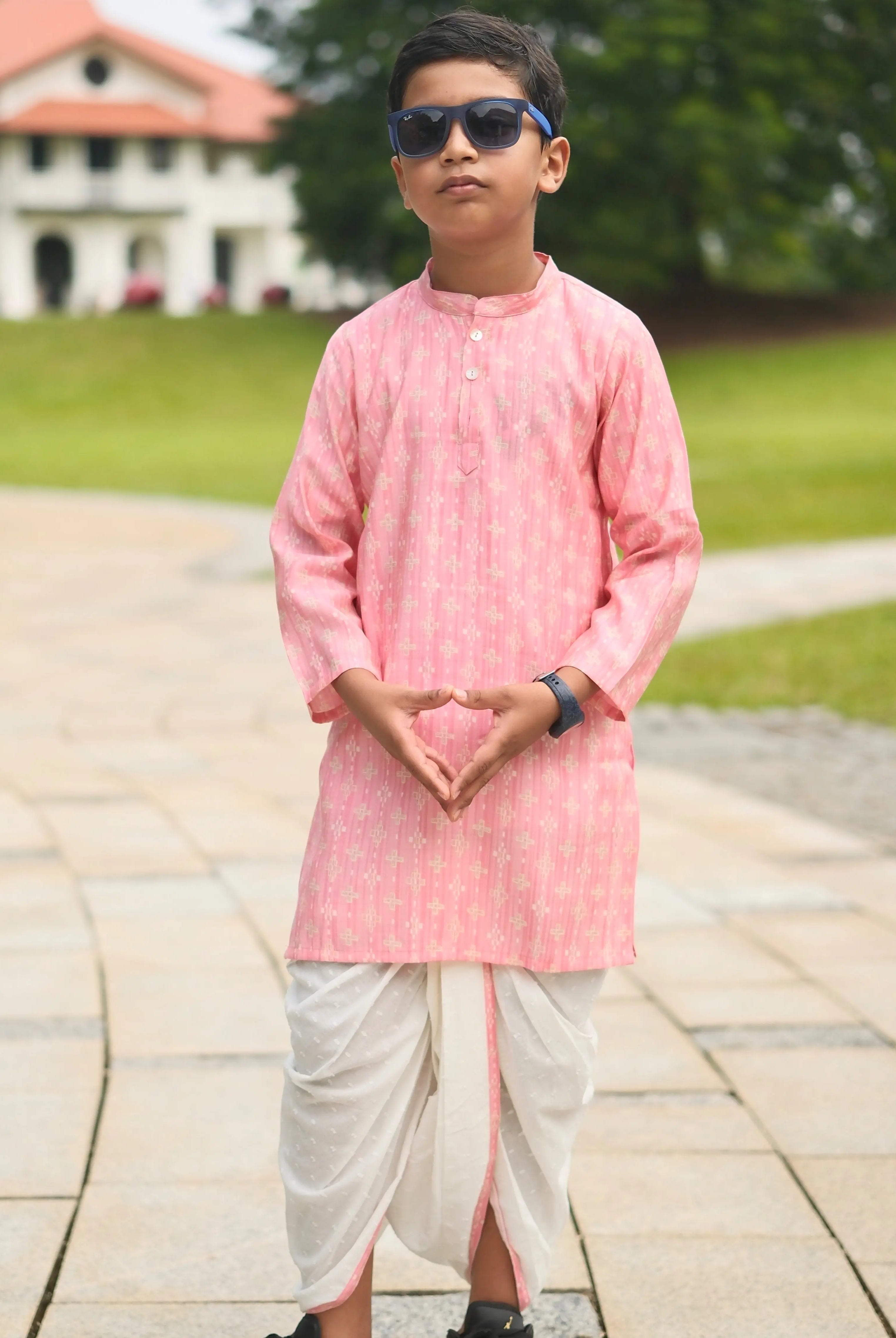 Rooh Pink Boys Kurta Dhoti in Muslin Cotton Nimbu