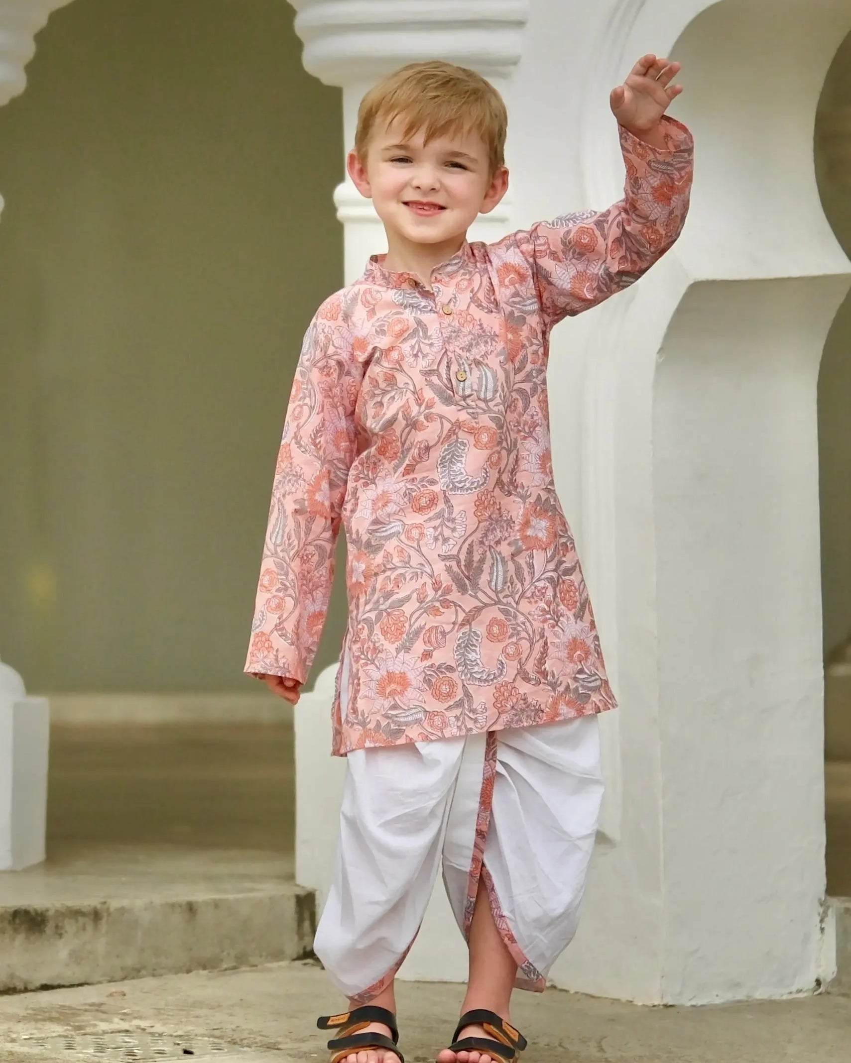 Devi Coral Boys Handblock Kurta Dhoti Nimbu