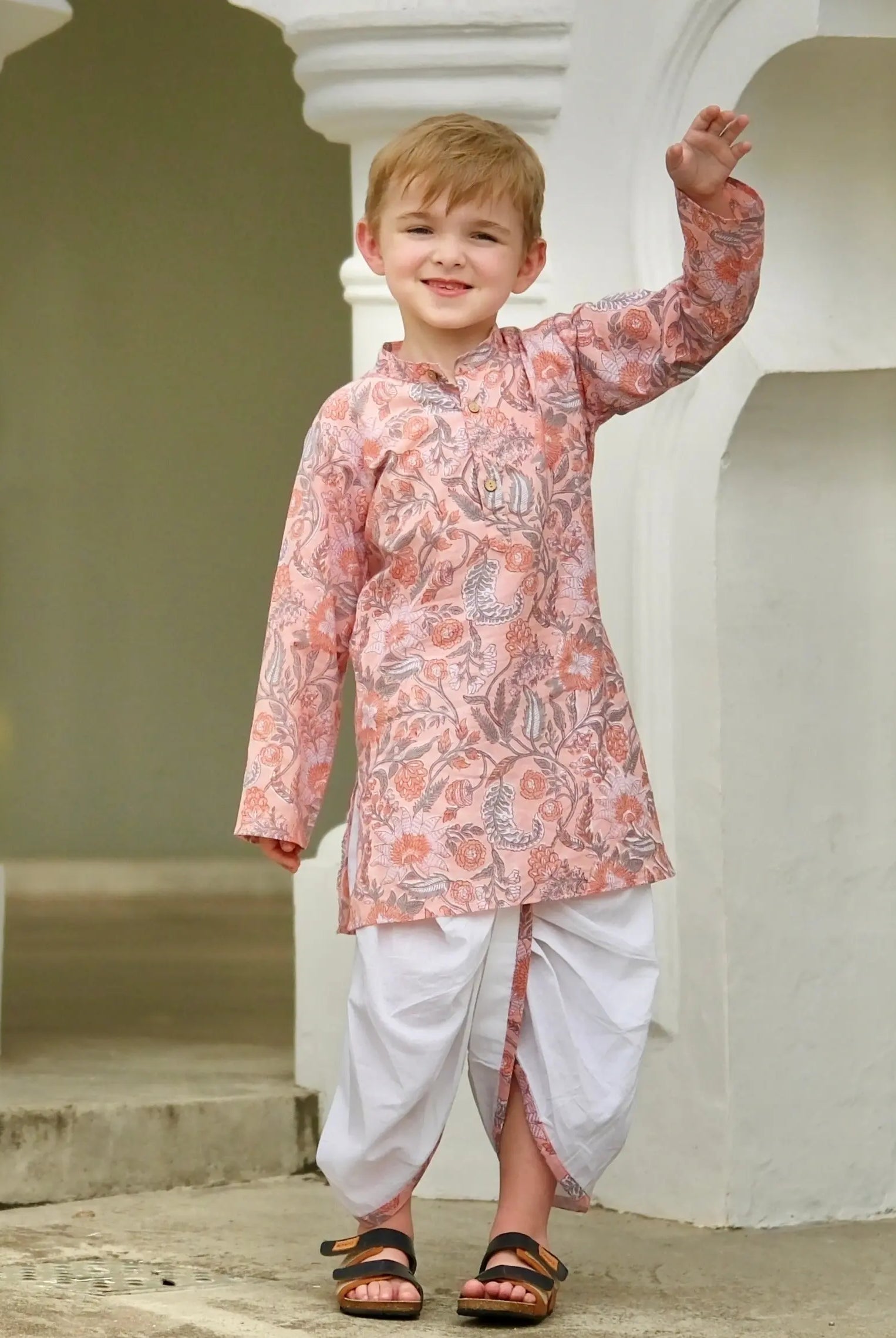 Devi Coral Boys Handblock Kurta Dhoti Nimbu