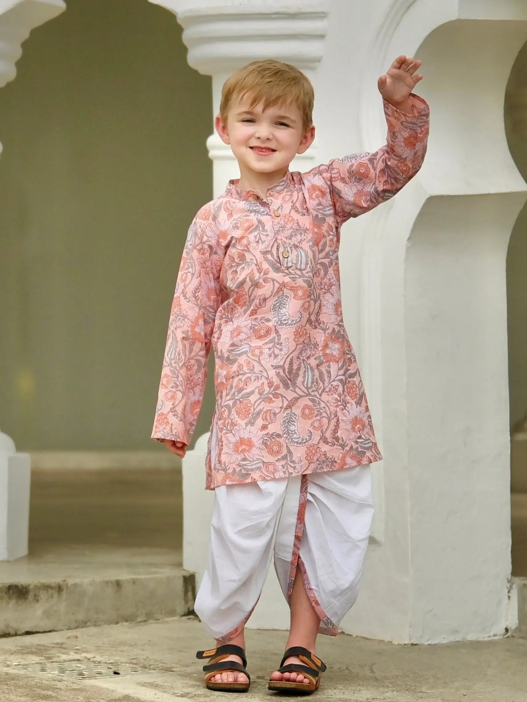 Devi Coral Boys Handblock Kurta Dhoti Nimbu