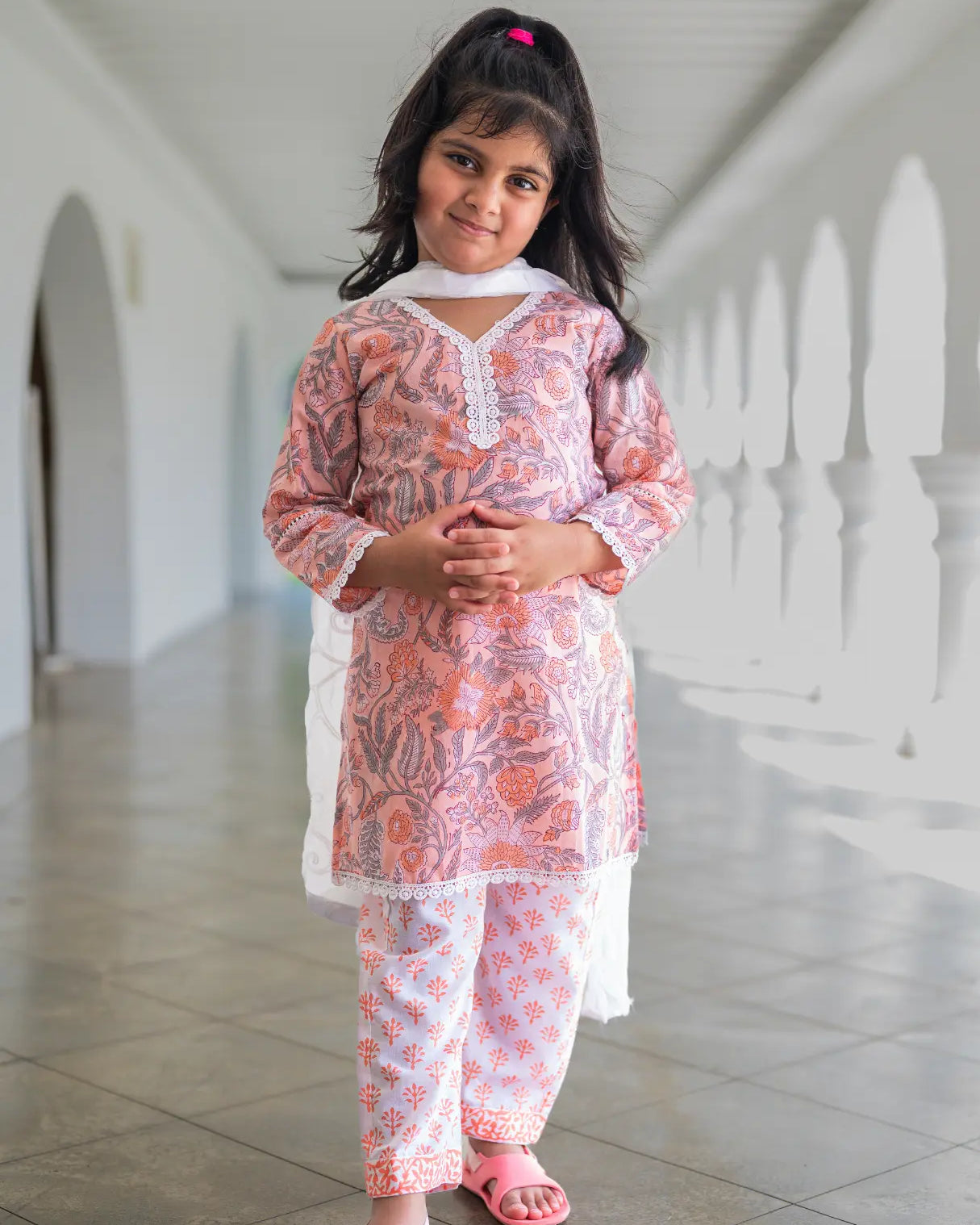 Devi Coral Girls Handblock Straight Kurti With Pants Nimbu