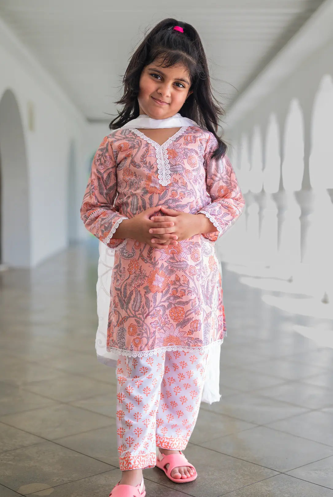 Devi Coral Girls Handblock Straight Kurti With Pants Nimbu