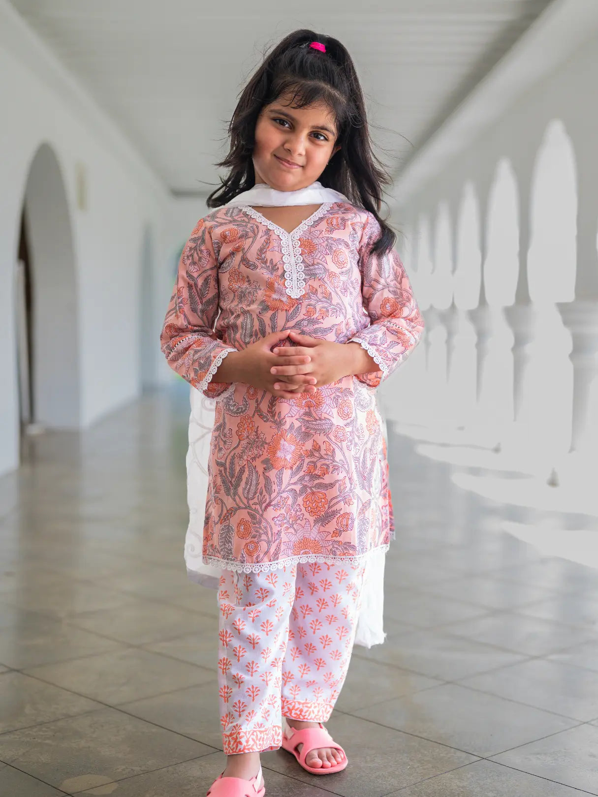 Devi Coral Girls Handblock Straight Kurti With Pants Nimbu