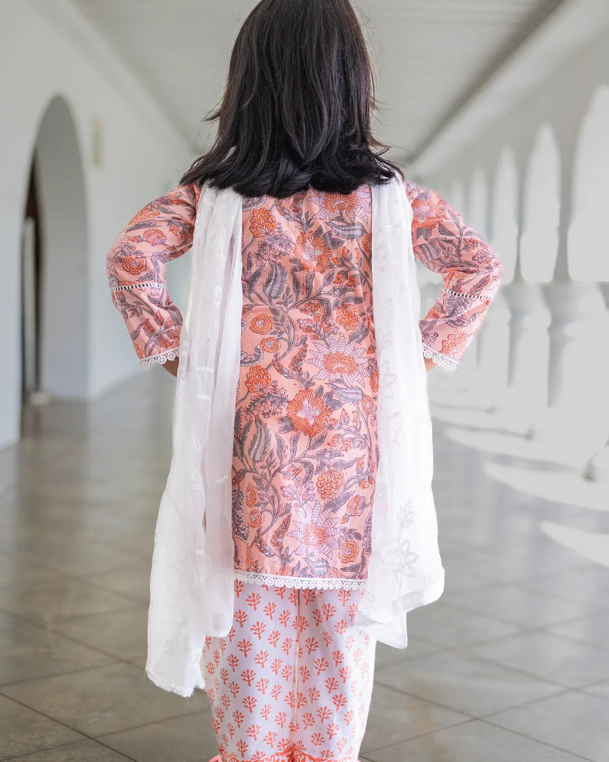 Devi Coral Girls Handblock Straight Kurti With Pants Nimbu