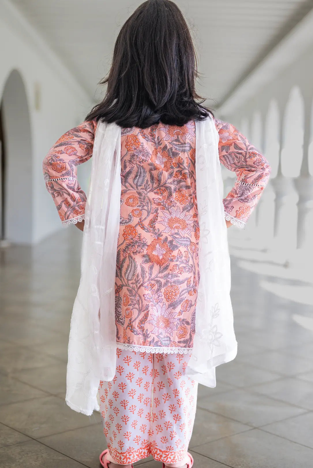 Devi Coral Girls Handblock Straight Kurti With Pants Nimbu