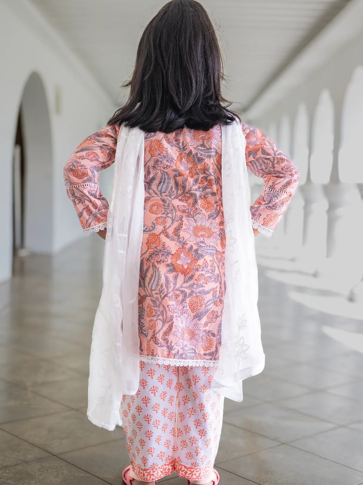 Devi Coral Girls Handblock Straight Kurti With Pants Nimbu