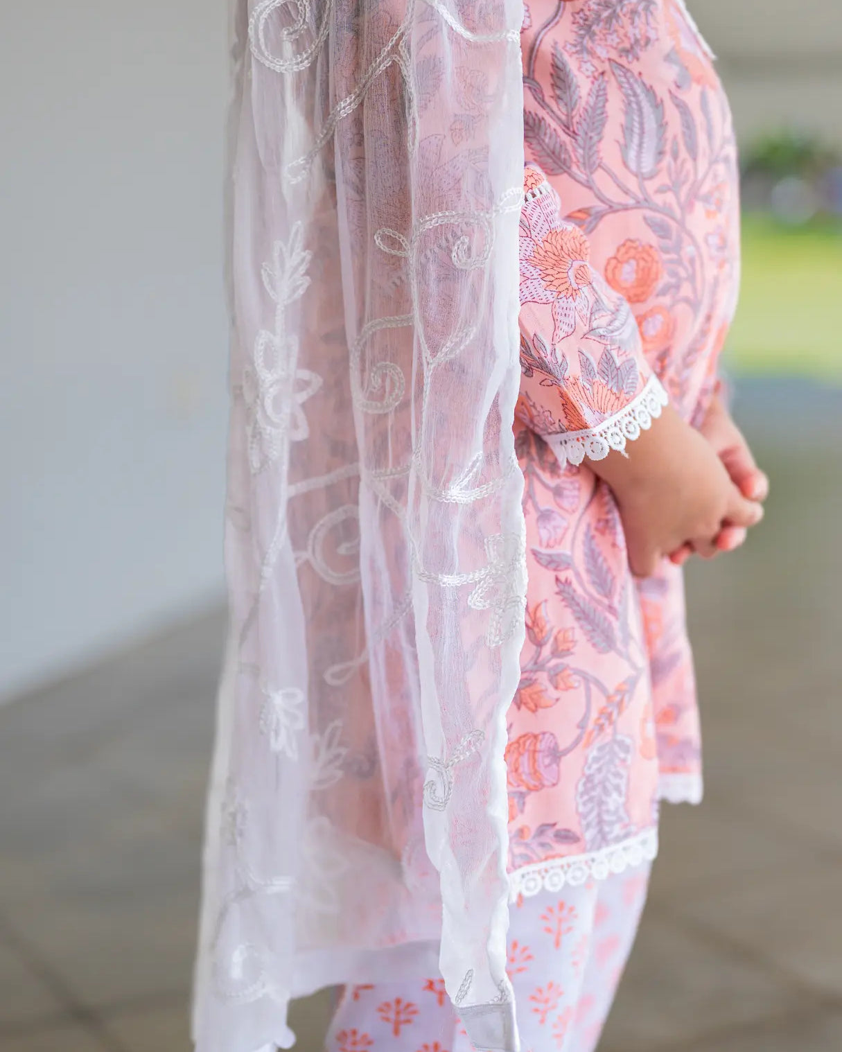 Devi Coral Girls Handblock Straight Kurti With Pants Nimbu