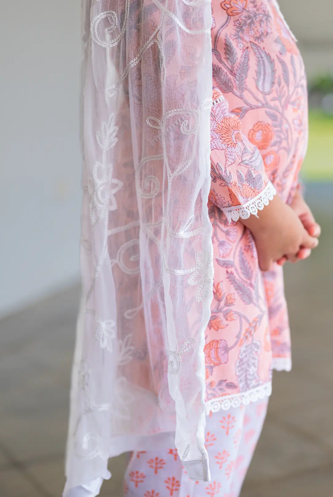 Devi Coral Girls Handblock Straight Kurti With Pants Nimbu