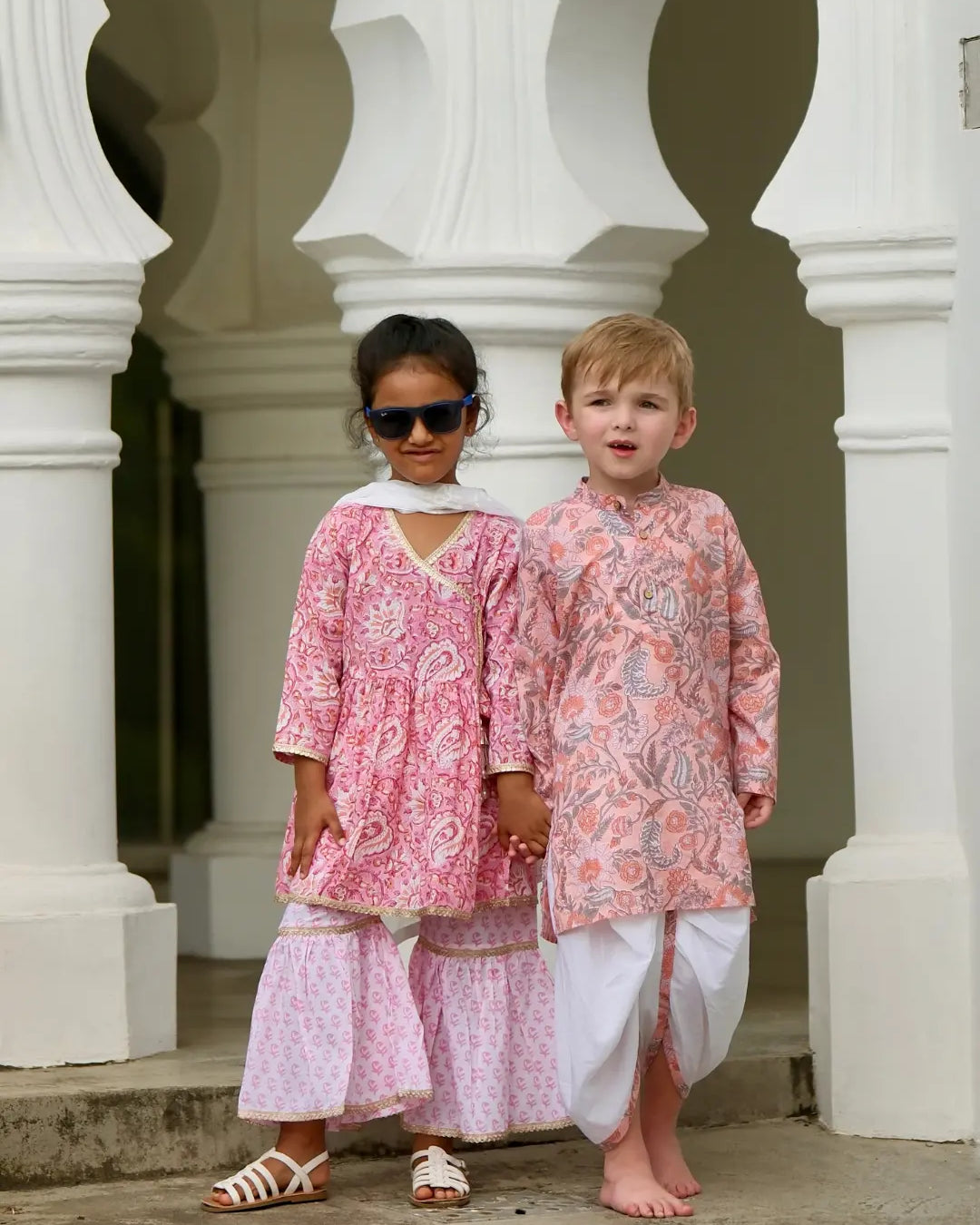 Devi Pink Girls Handblock Print Angarkha Sharara Nimbu