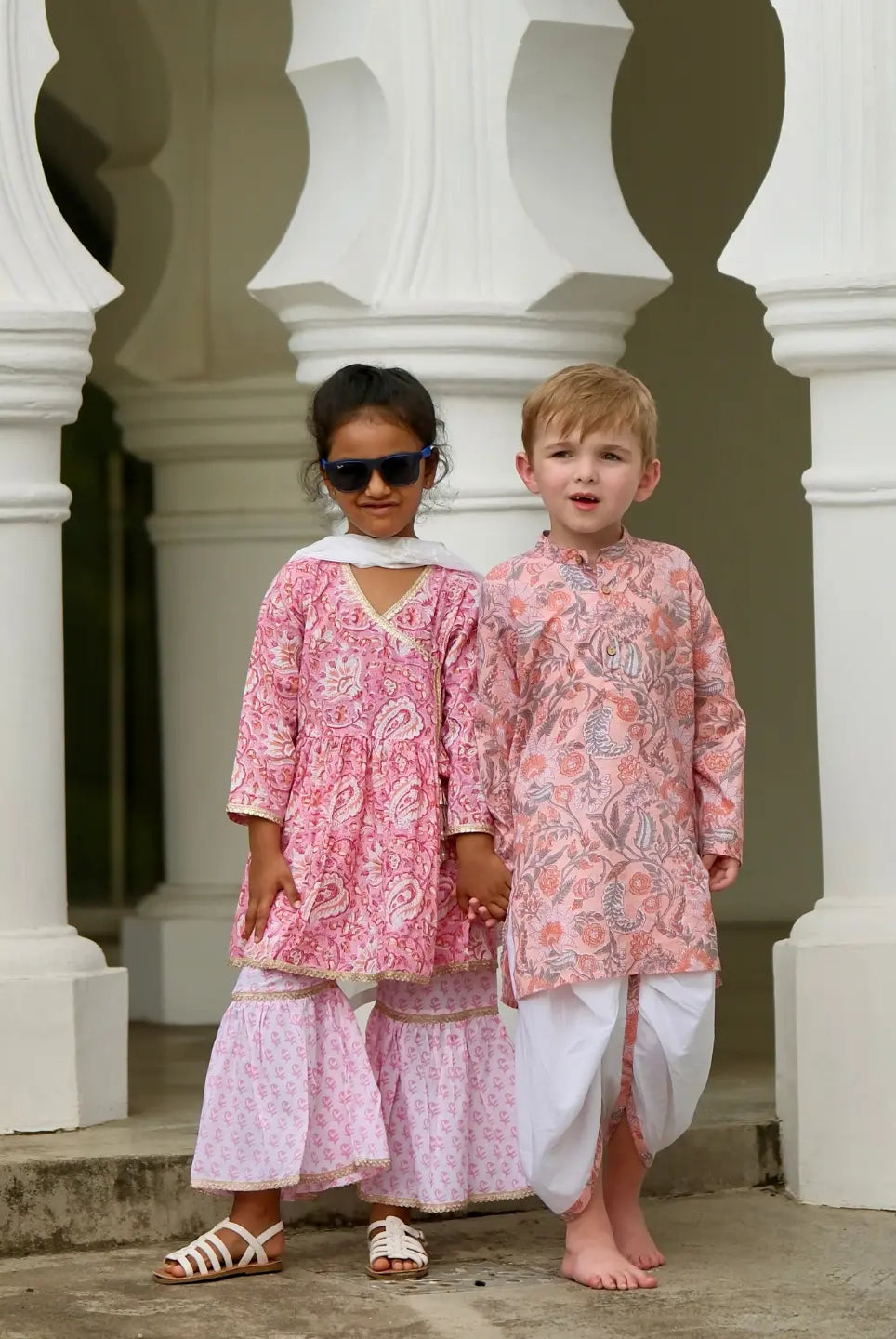 Devi Pink Girls Handblock Print Angarkha Sharara Nimbu