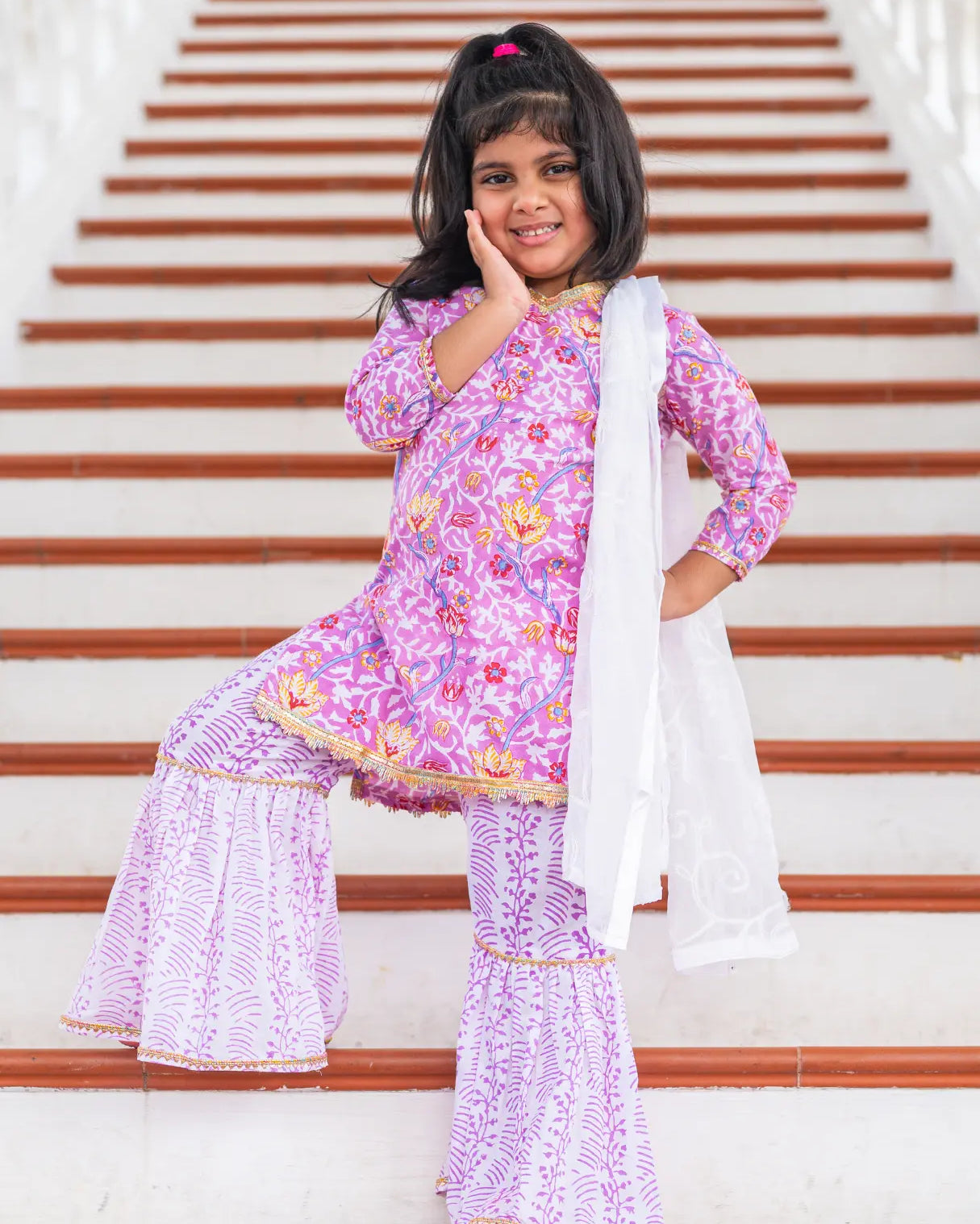 Devi Mauve Girls Handblock Print Kurti Sharara Nimbu