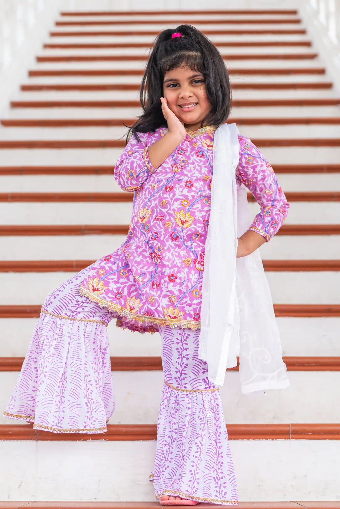Devi Mauve Girls Handblock Print Kurti Sharara Nimbu
