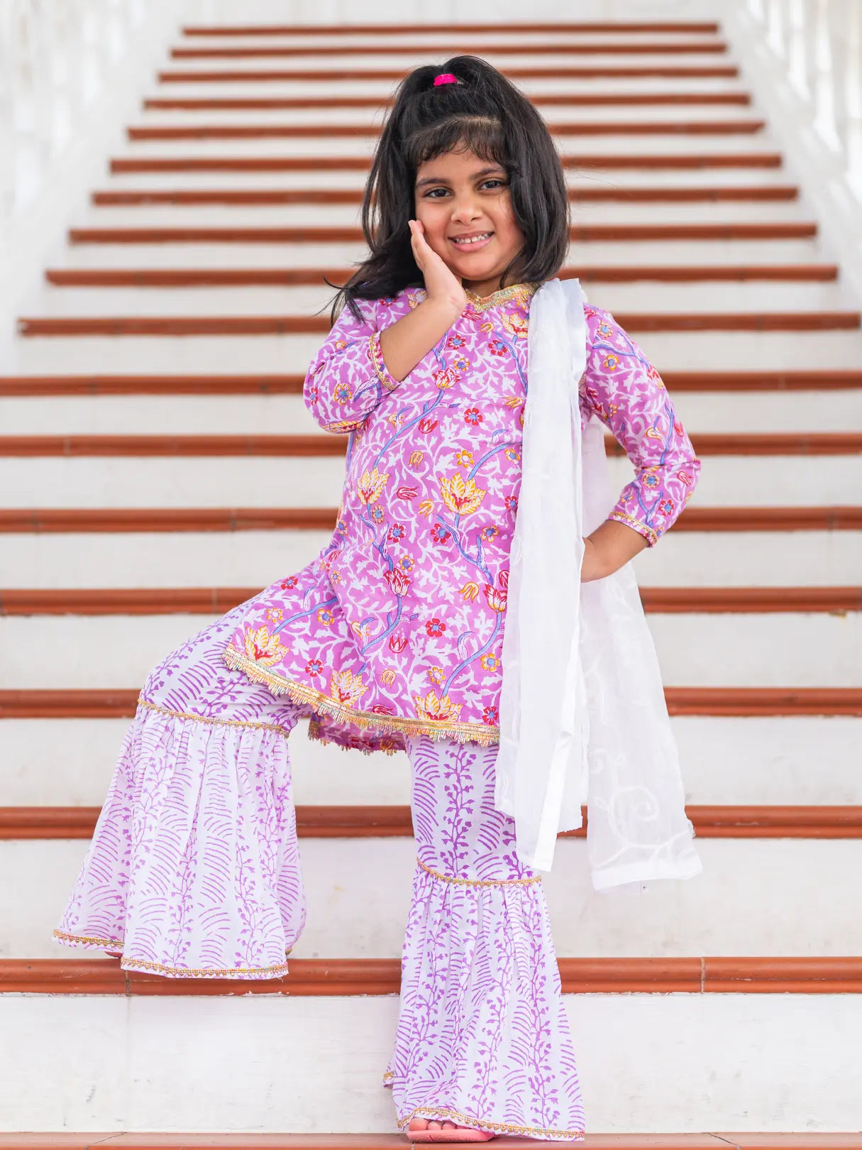 Devi Mauve Girls Handblock Print Kurti Sharara Nimbu