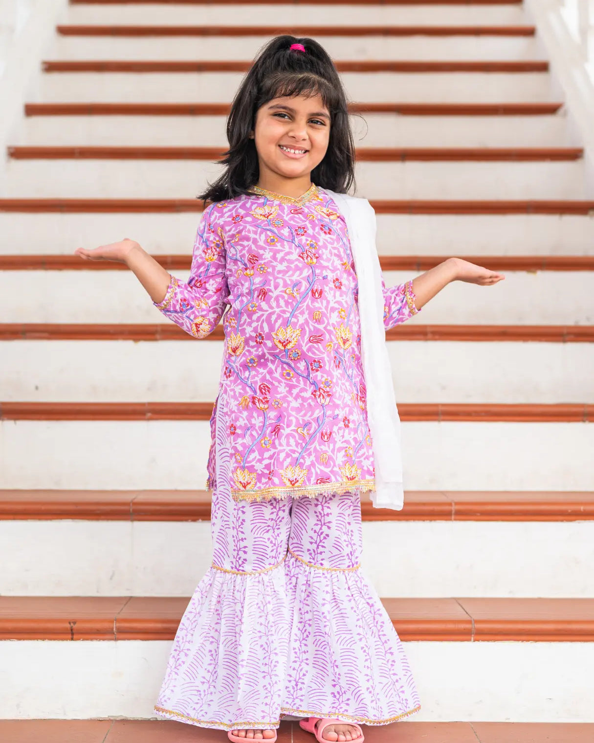 Devi Mauve Girls Handblock Print Kurti Sharara Nimbu