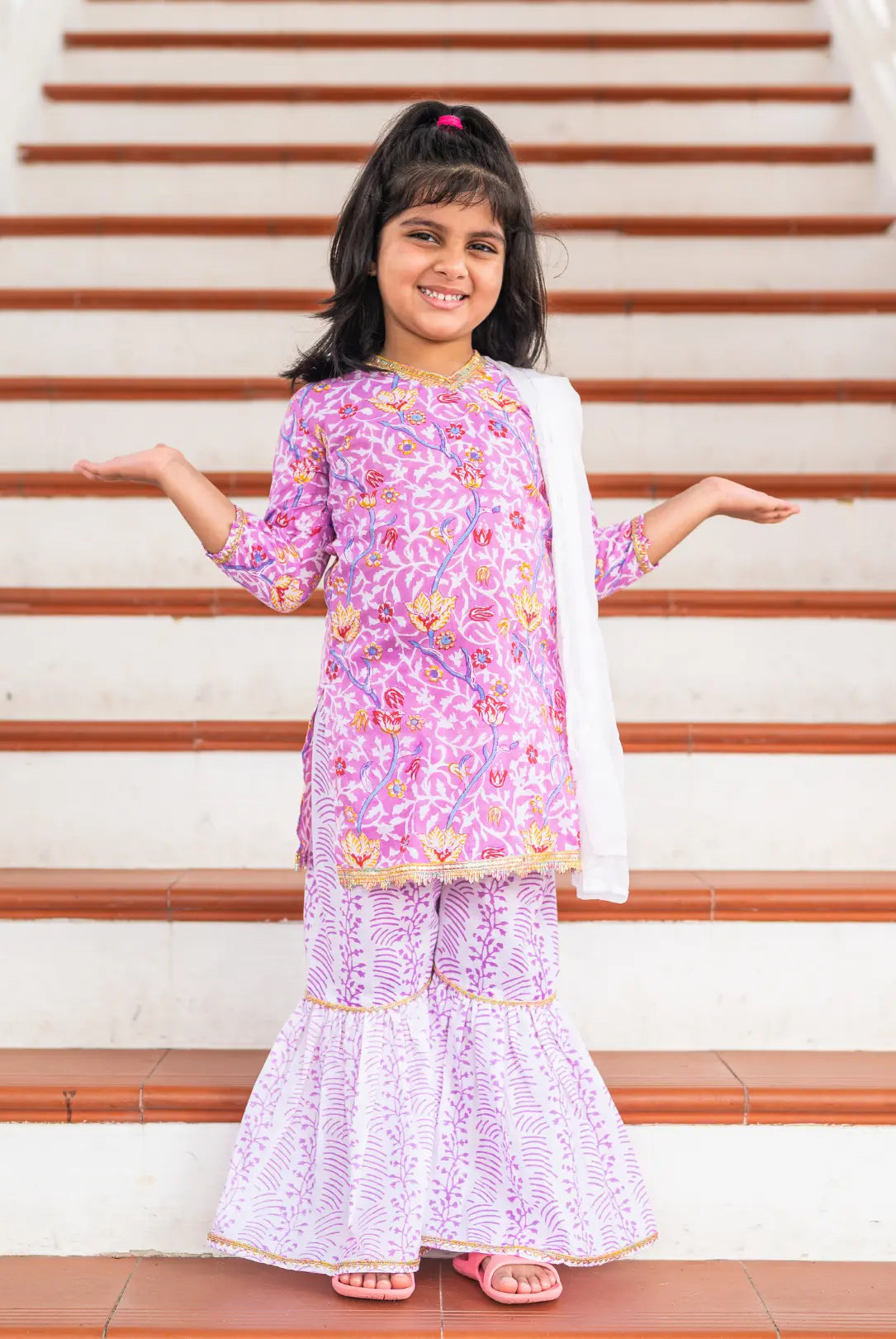 Devi Mauve Girls Handblock Print Kurti Sharara Nimbu