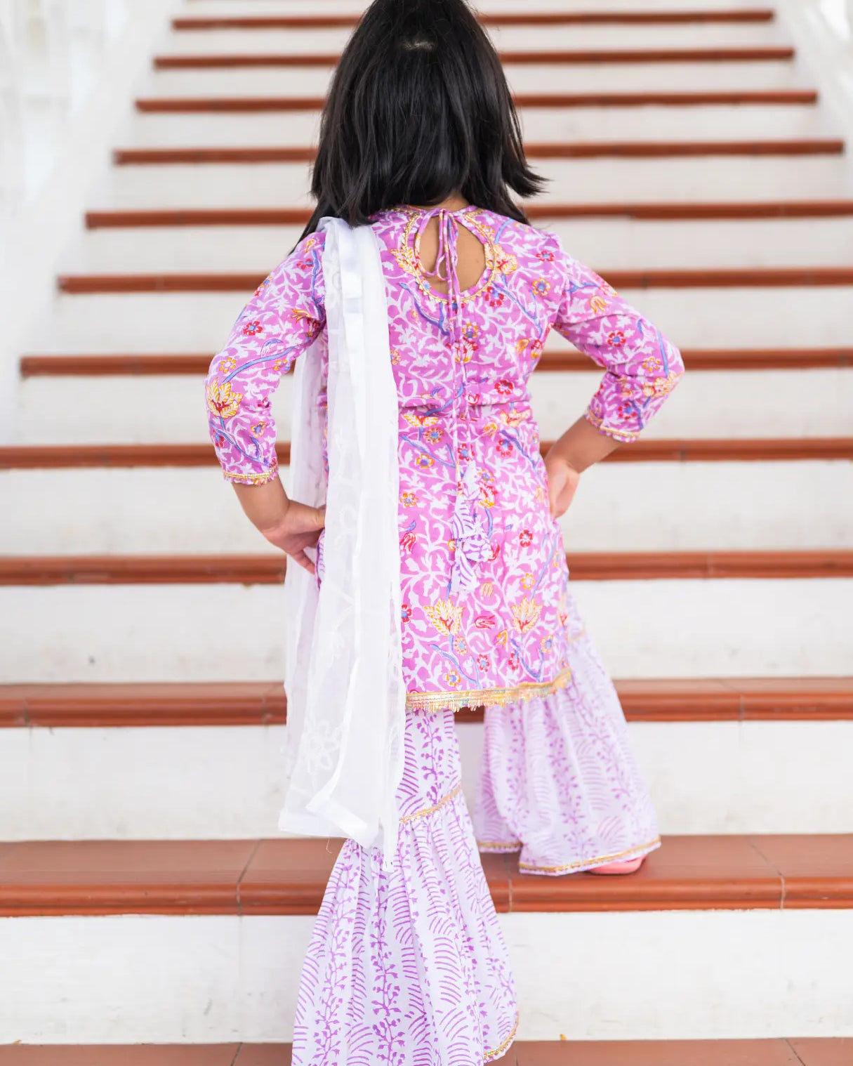 Devi Mauve Girls Handblock Print Kurti Sharara Nimbu
