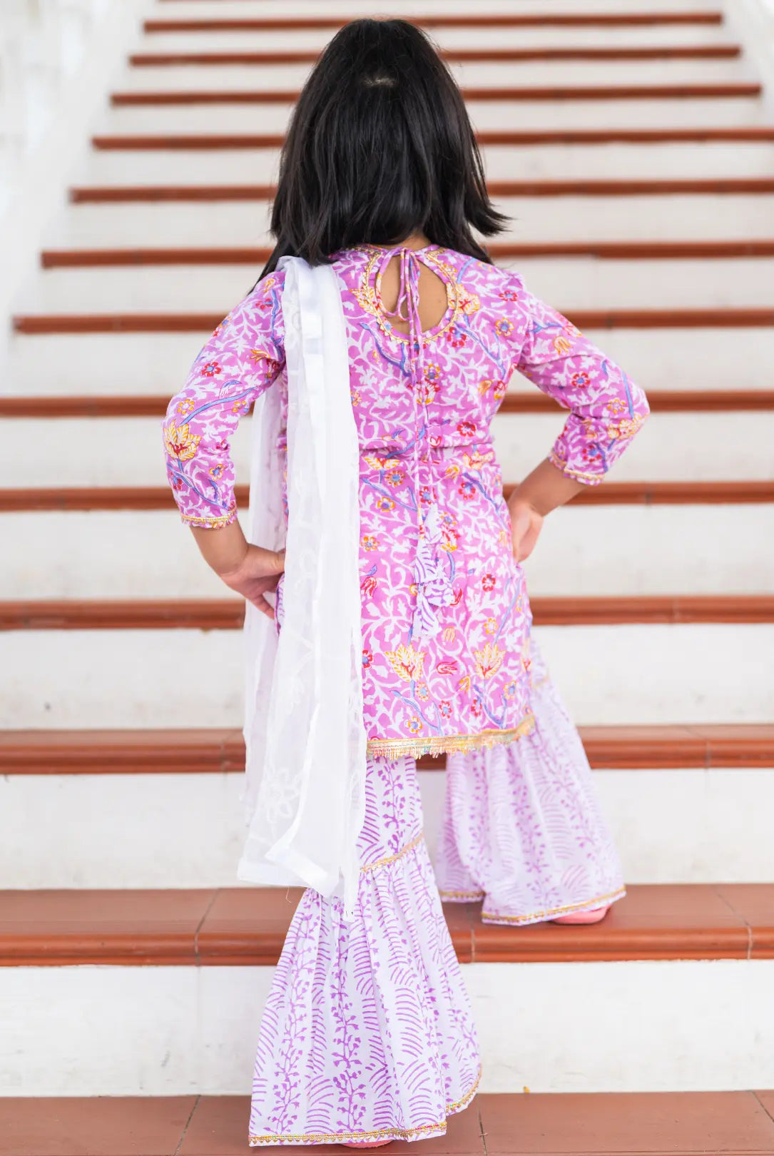 Devi Mauve Girls Handblock Print Kurti Sharara Nimbu