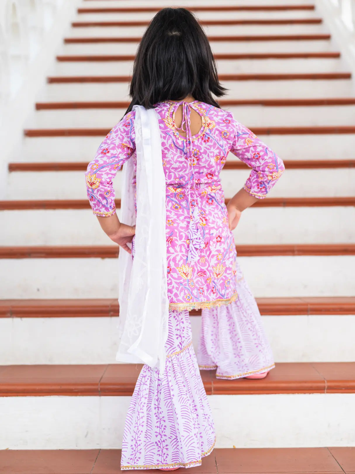 Devi Mauve Girls Handblock Print Kurti Sharara Nimbu