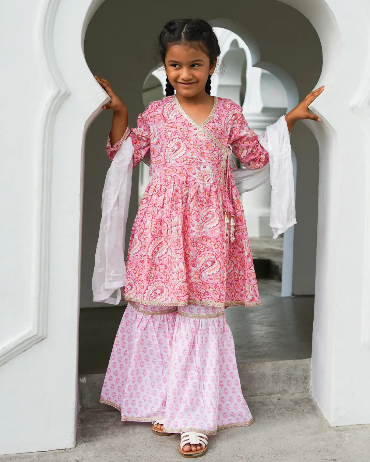 Devi Pink Girls Handblock Print Angarkha Sharara Nimbu