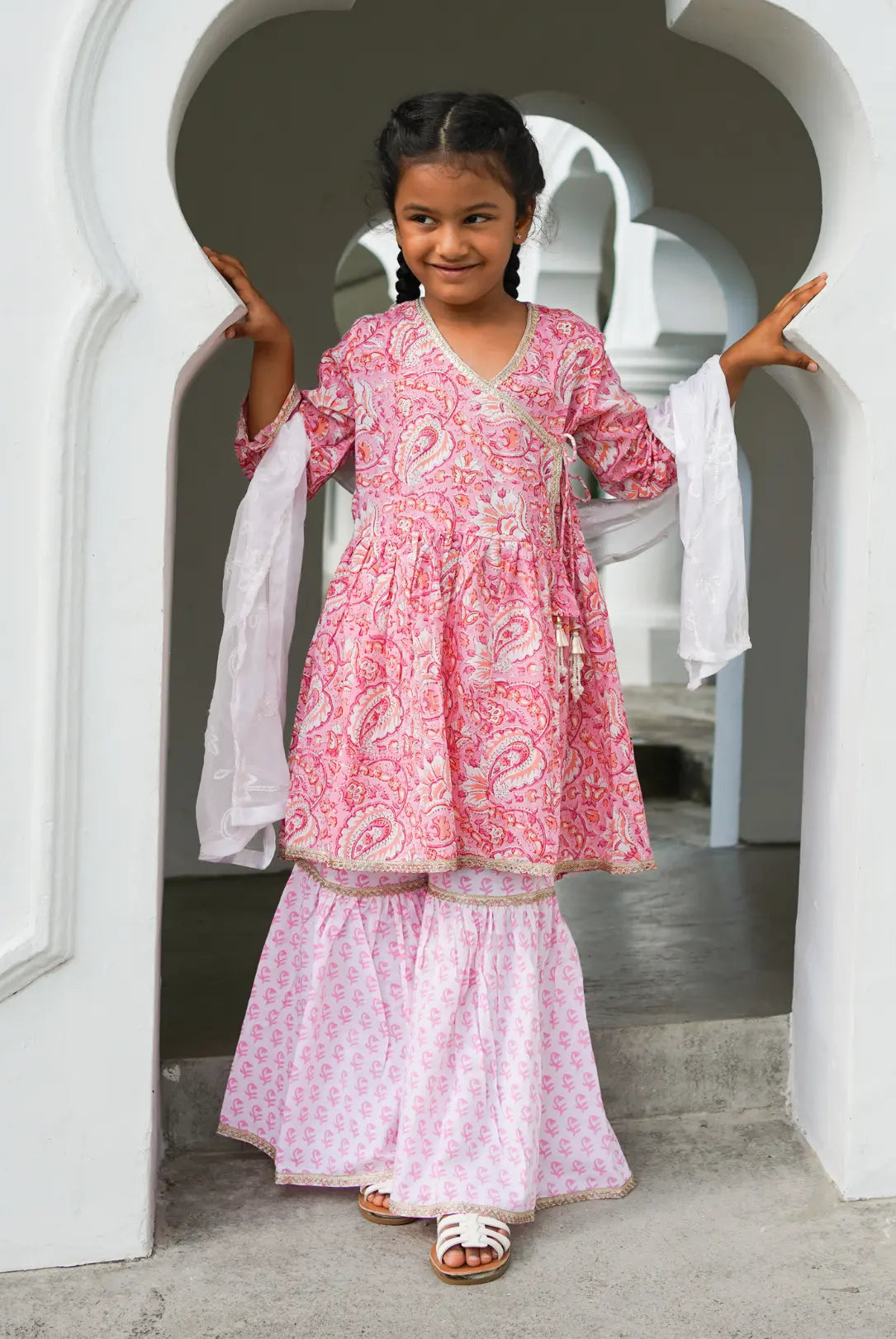 Devi Pink Girls Handblock Print Angarkha Sharara Nimbu