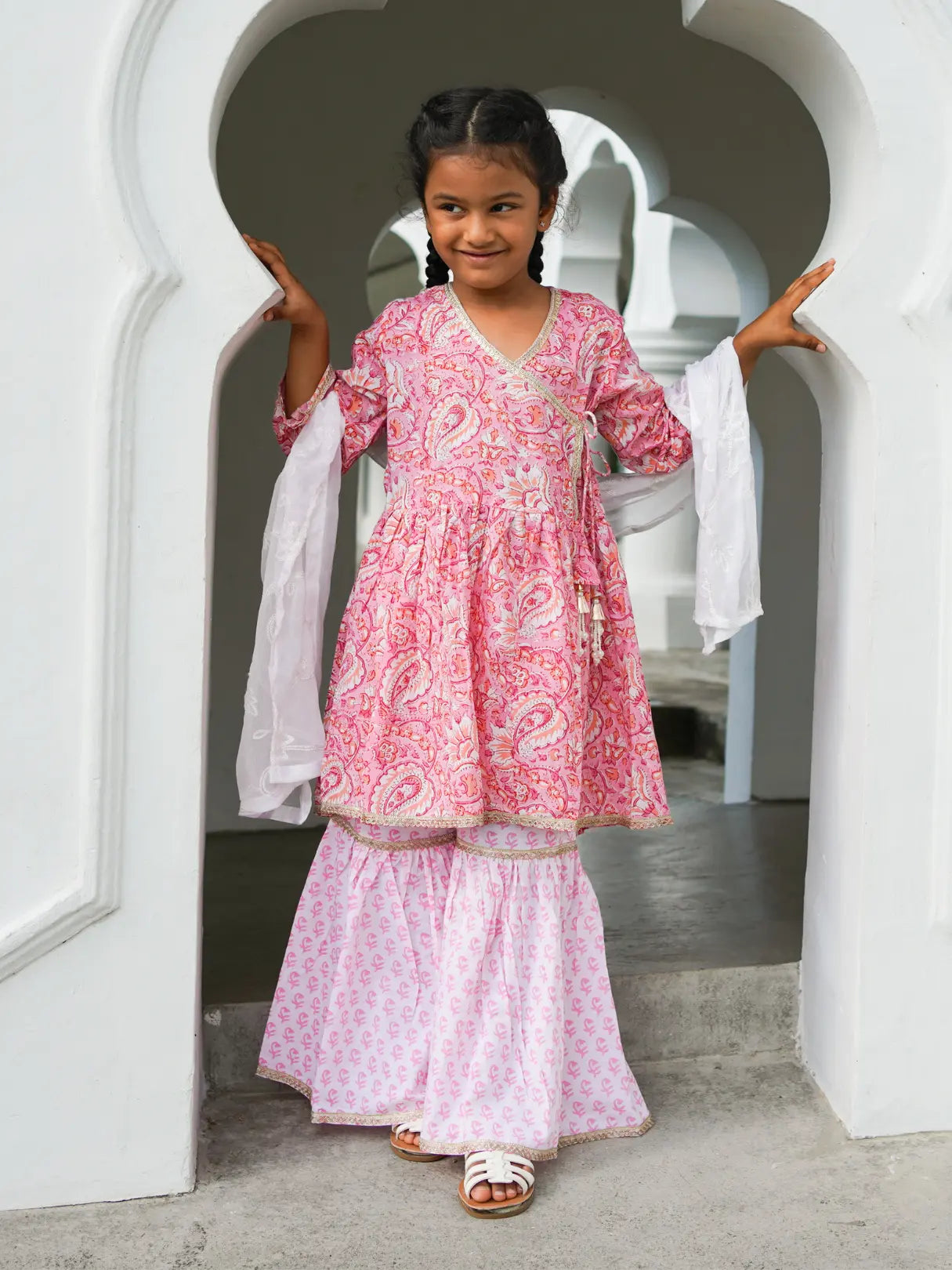 Devi Pink Girls Handblock Print Angarkha Sharara Nimbu