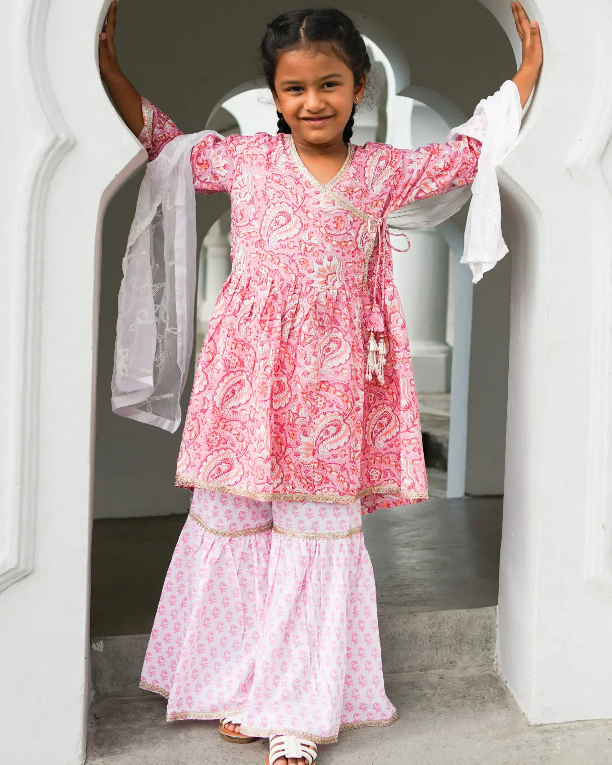 Devi Pink Girls Handblock Print Angarkha Sharara Nimbu