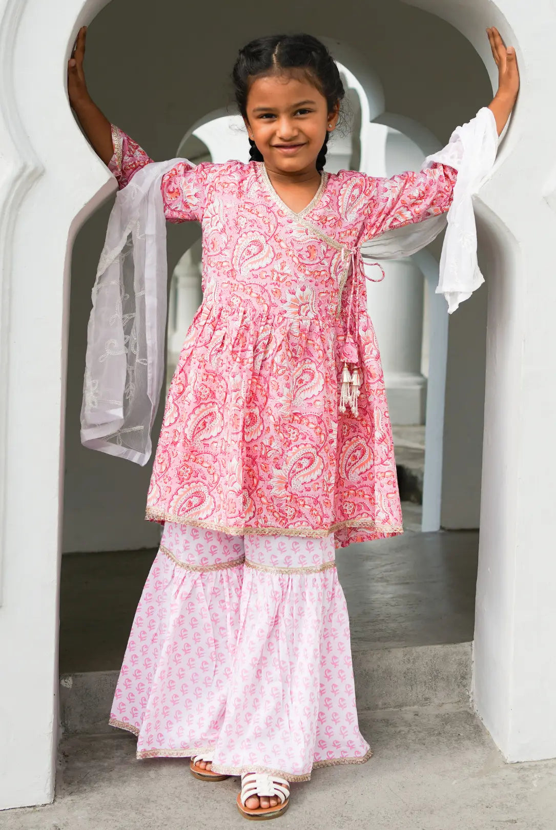 Devi Pink Girls Handblock Print Angarkha Sharara Nimbu