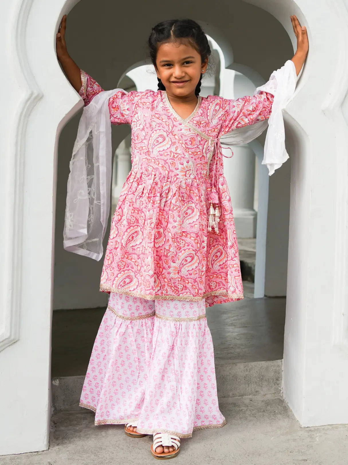 Devi Pink Girls Handblock Print Angarkha Sharara Nimbu