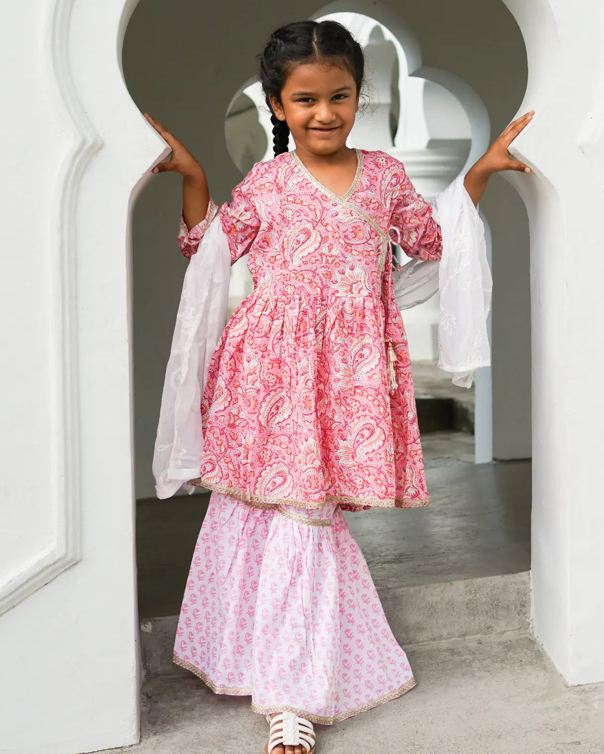 Devi Pink Girls Handblock Print Angarkha Sharara Nimbu