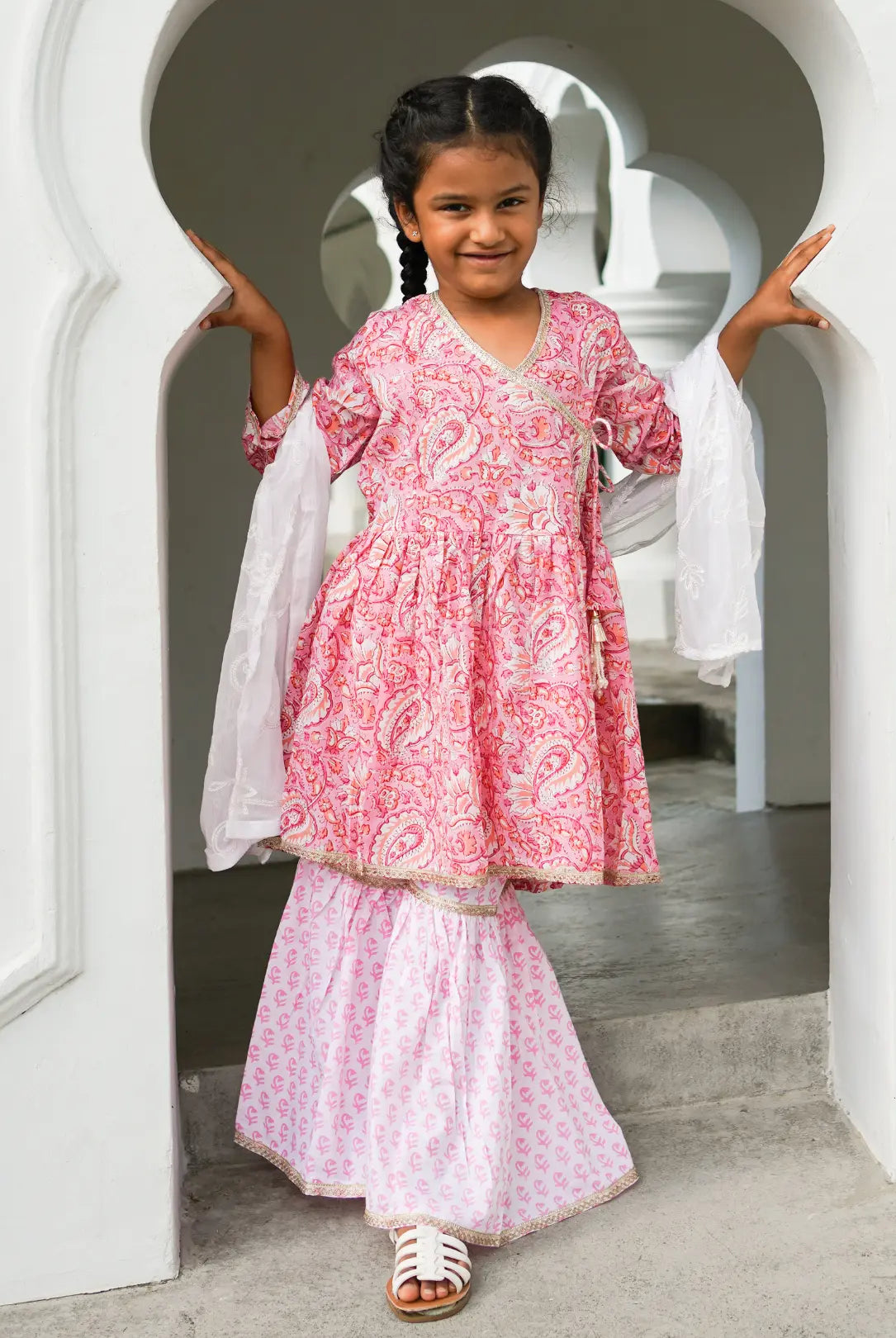 Devi Pink Girls Handblock Print Angarkha Sharara Nimbu