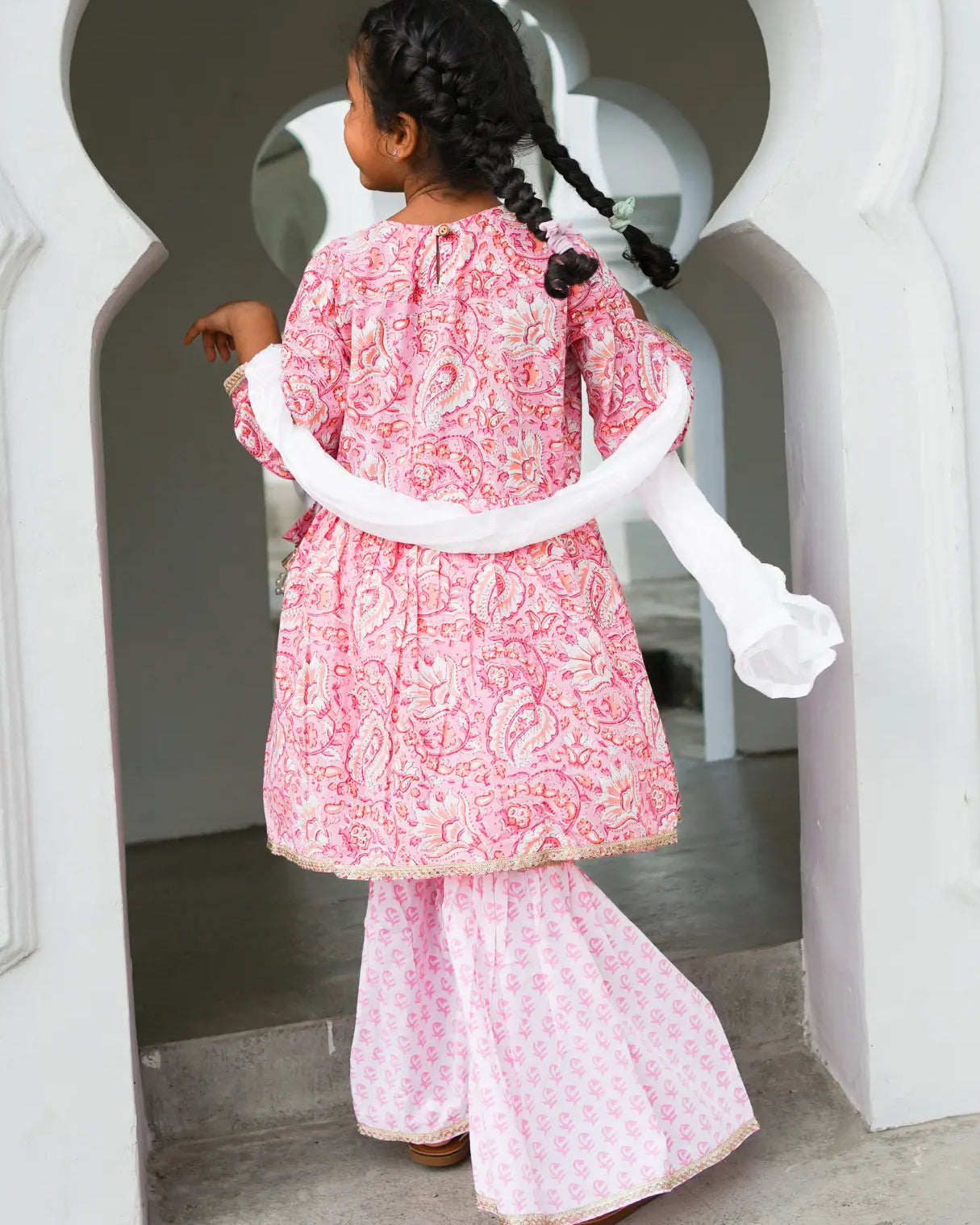 Devi Pink Girls Handblock Print Angarkha Sharara Nimbu