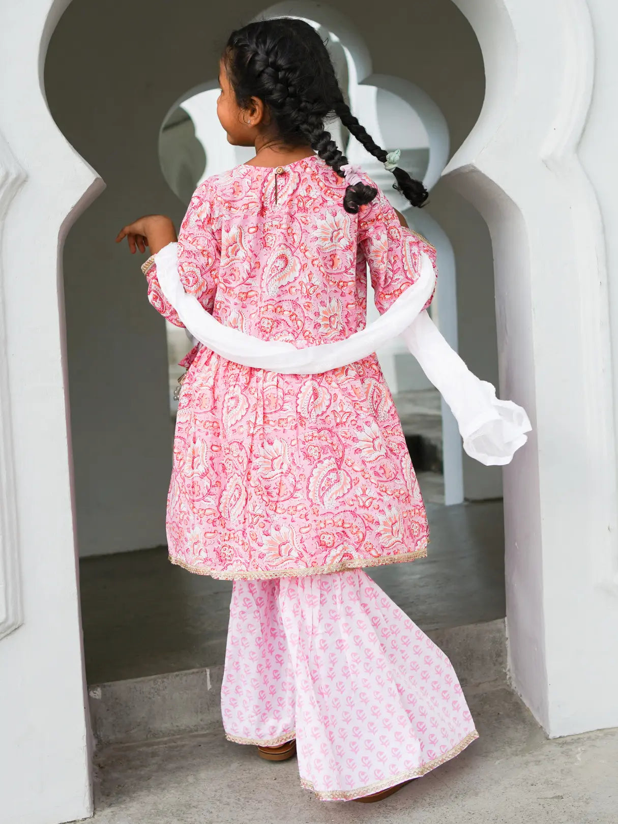 Devi Pink Girls Handblock Print Angarkha Sharara Nimbu