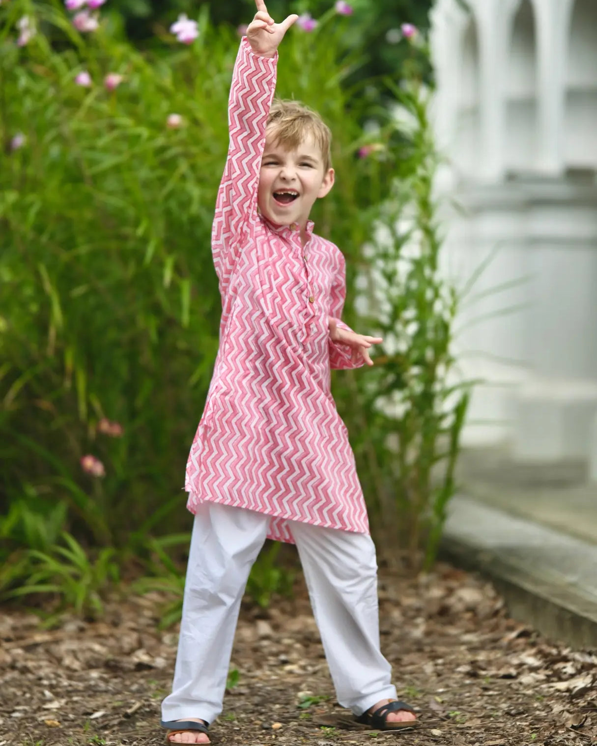 Devi Pink Handblock Zigzag Print Kurta Pajama Nimbu