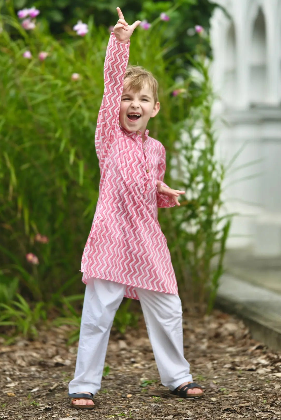 Devi Pink Handblock Zigzag Print Kurta Pajama Nimbu