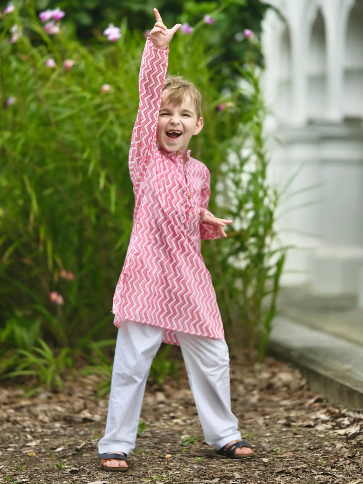 Devi Pink Handblock Zigzag Print Kurta Pajama Nimbu