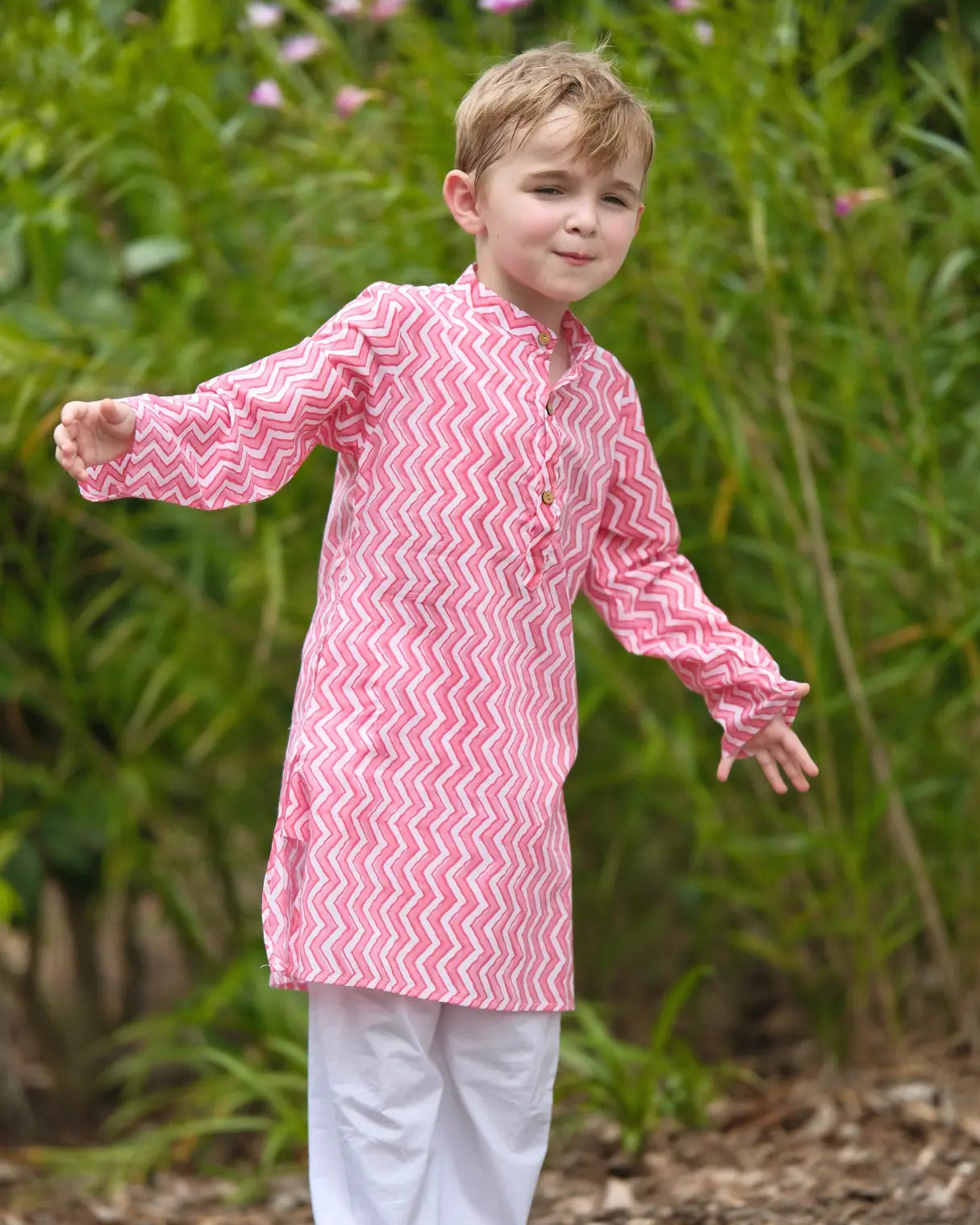 Devi Pink Handblock Zigzag Print Kurta Pajama Nimbu