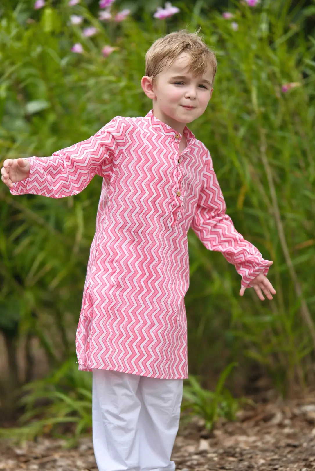 Devi Pink Handblock Zigzag Print Kurta Pajama Nimbu