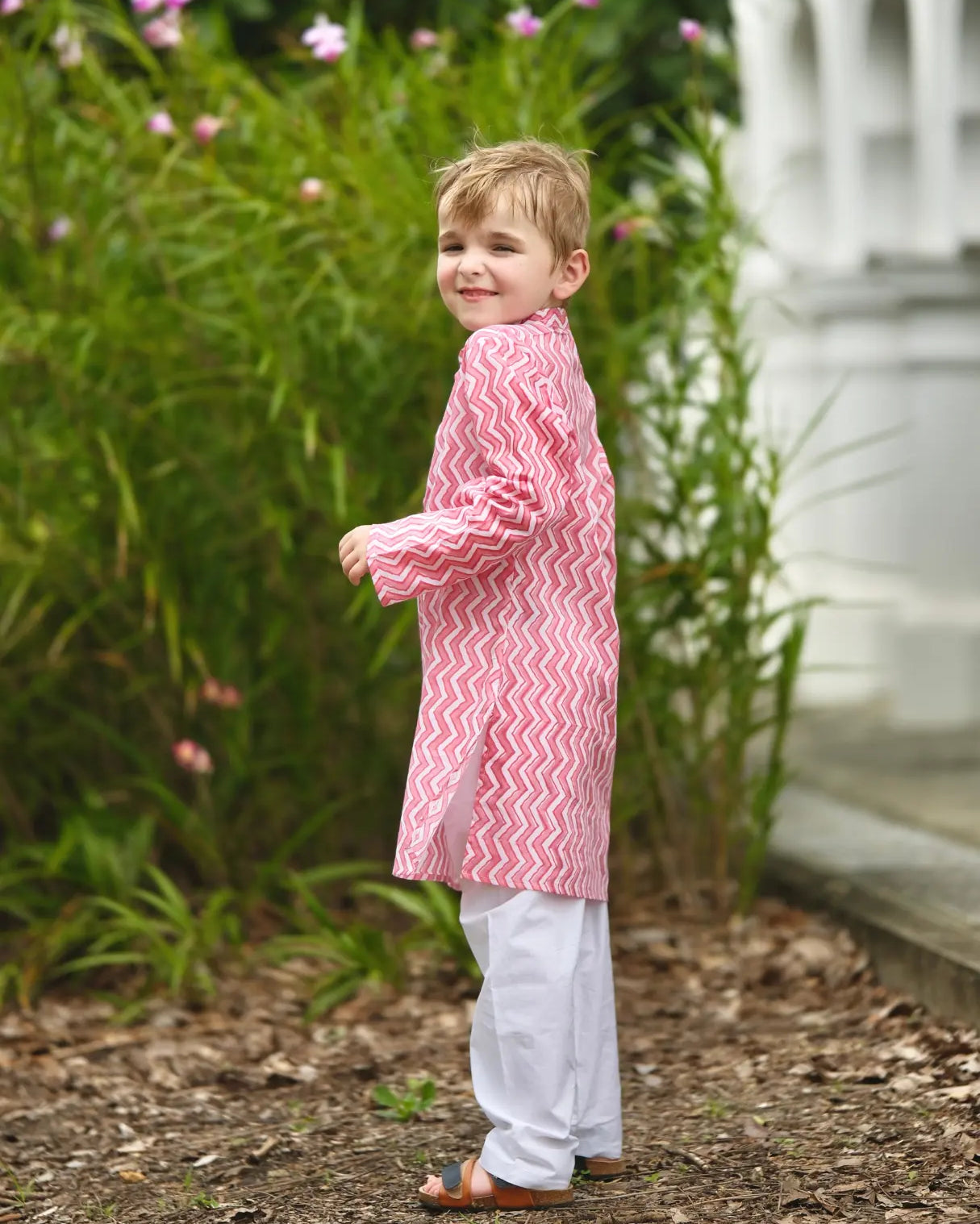 Devi Pink Handblock Zigzag Print Kurta Pajama Nimbu