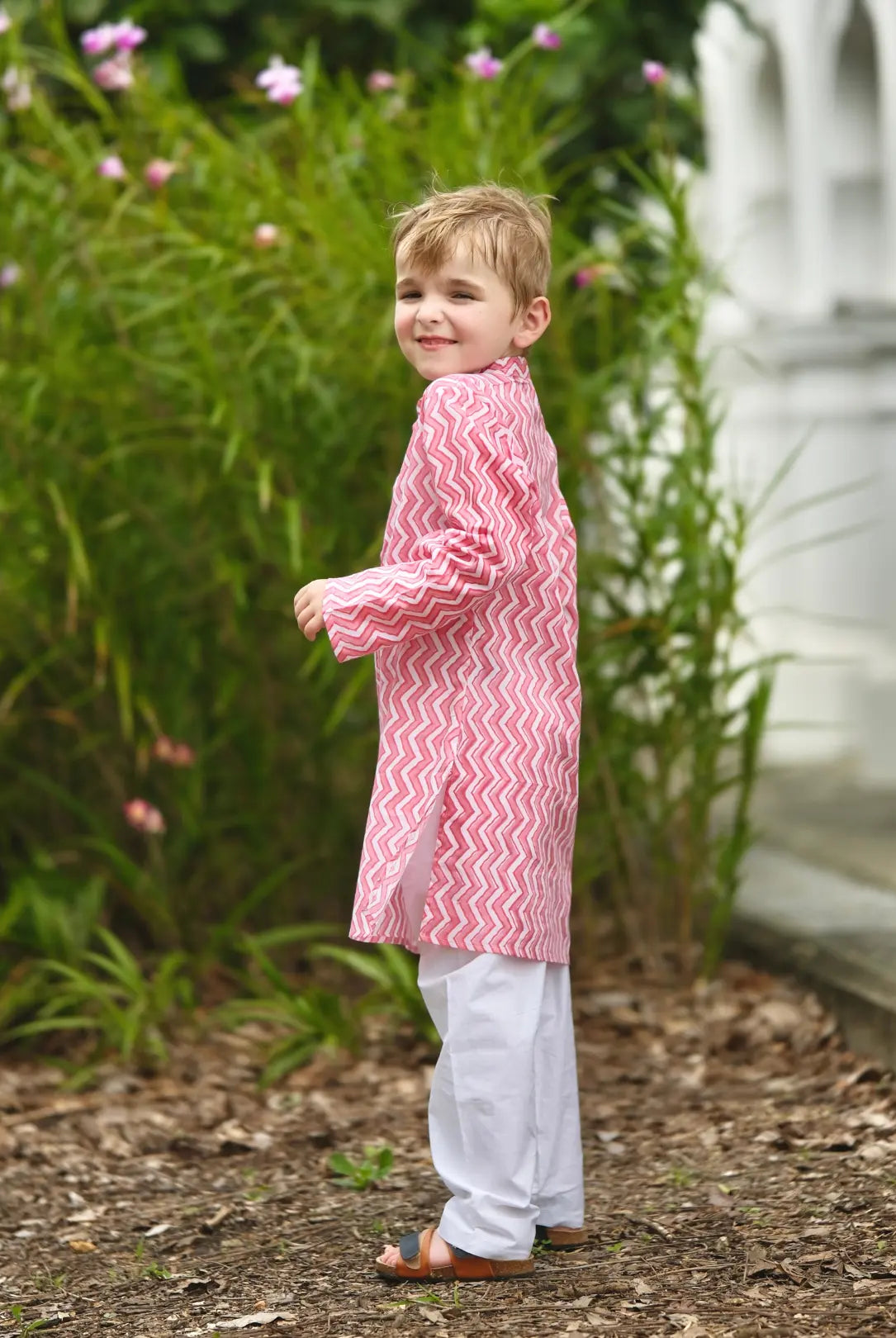 Devi Pink Handblock Zigzag Print Kurta Pajama Nimbu