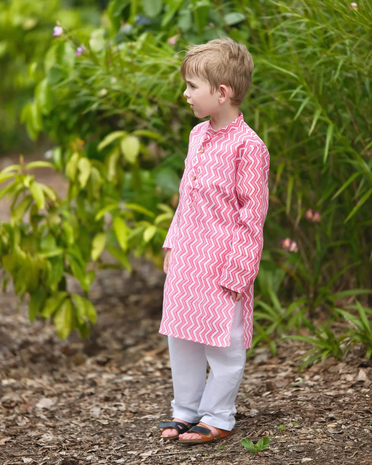 Devi Pink Handblock Zigzag Print Kurta Pajama Nimbu