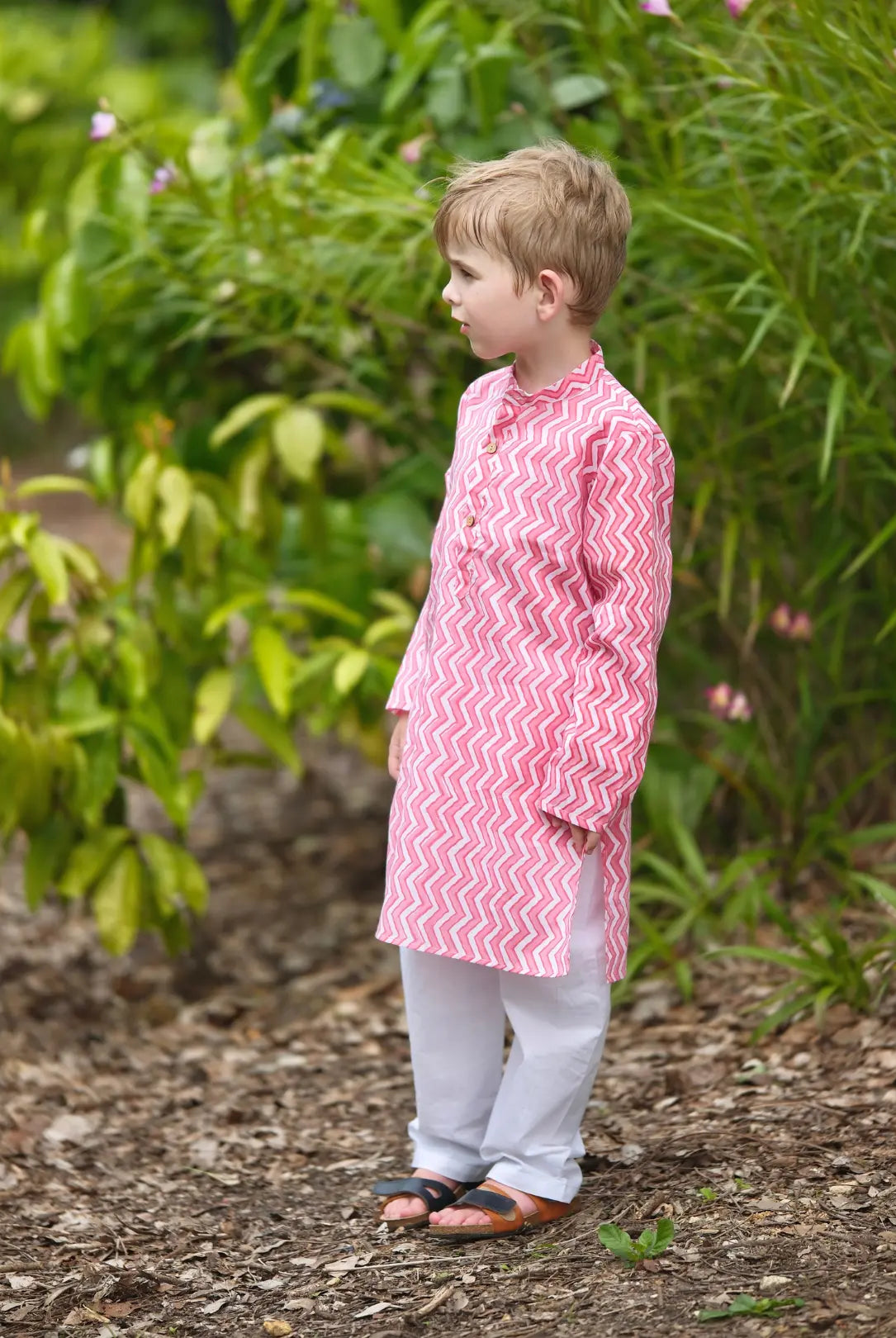 Devi Pink Handblock Zigzag Print Kurta Pajama Nimbu