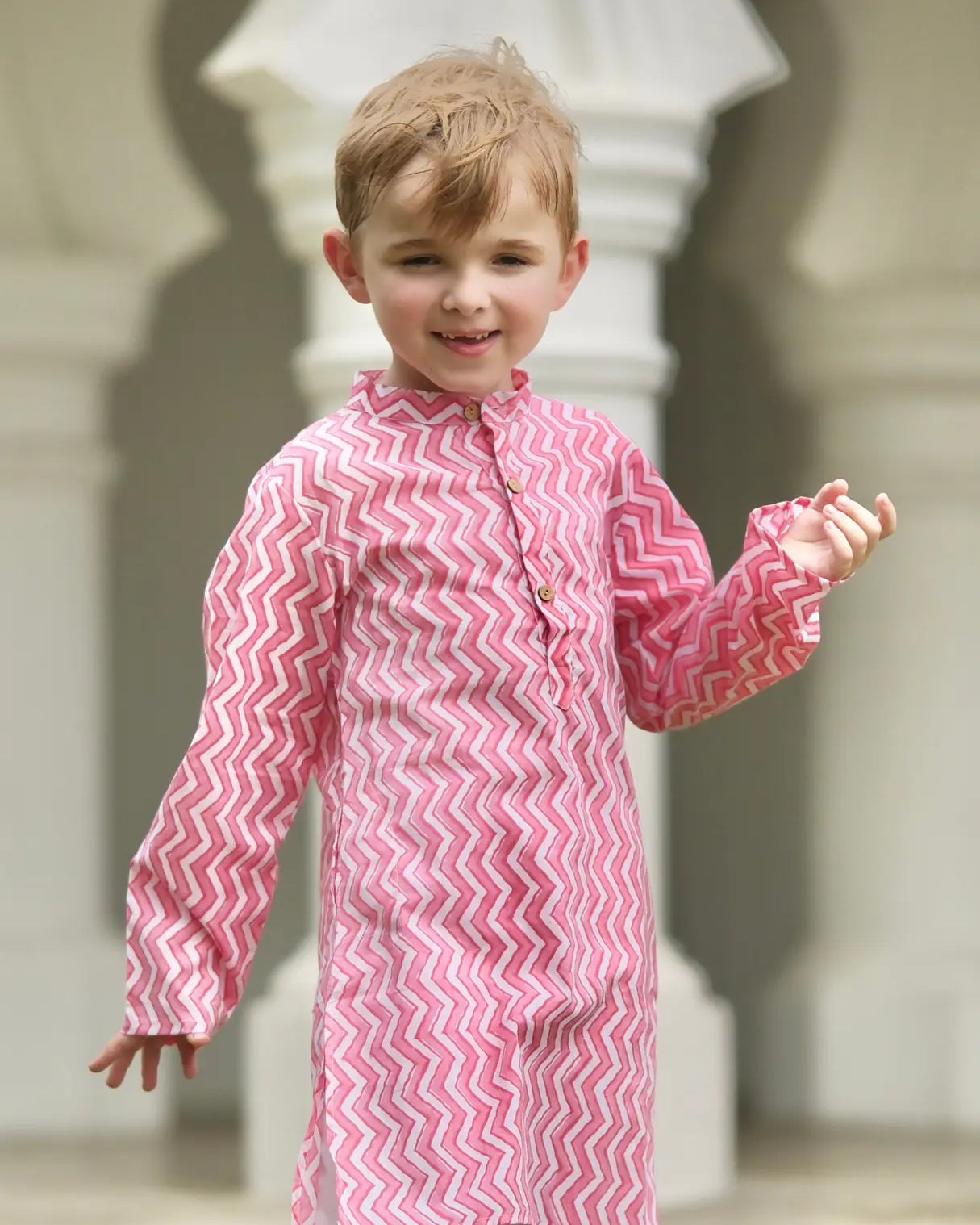 Devi Pink Handblock Zigzag Print Kurta Pajama Nimbu