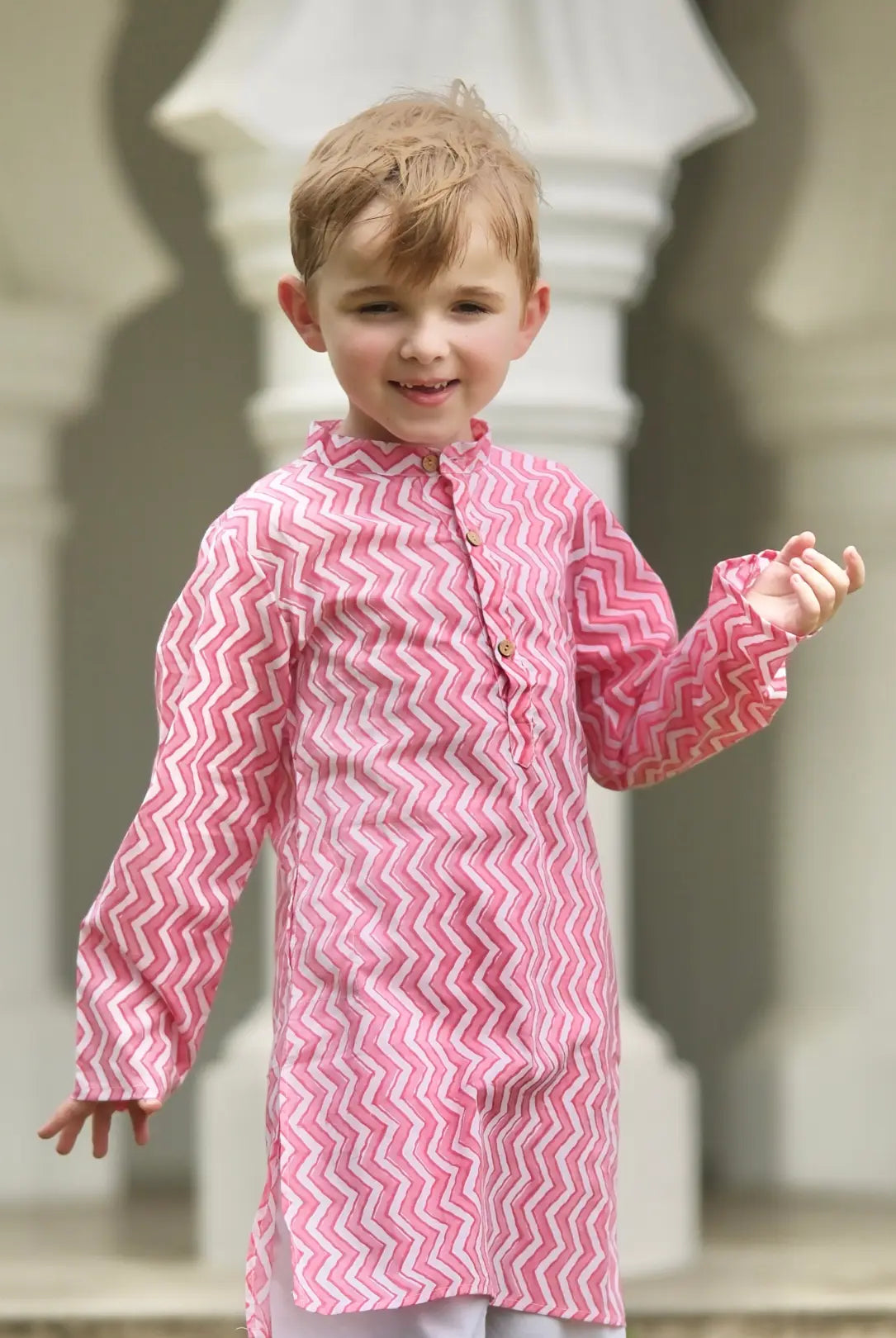 Devi Pink Handblock Zigzag Print Kurta Pajama Nimbu