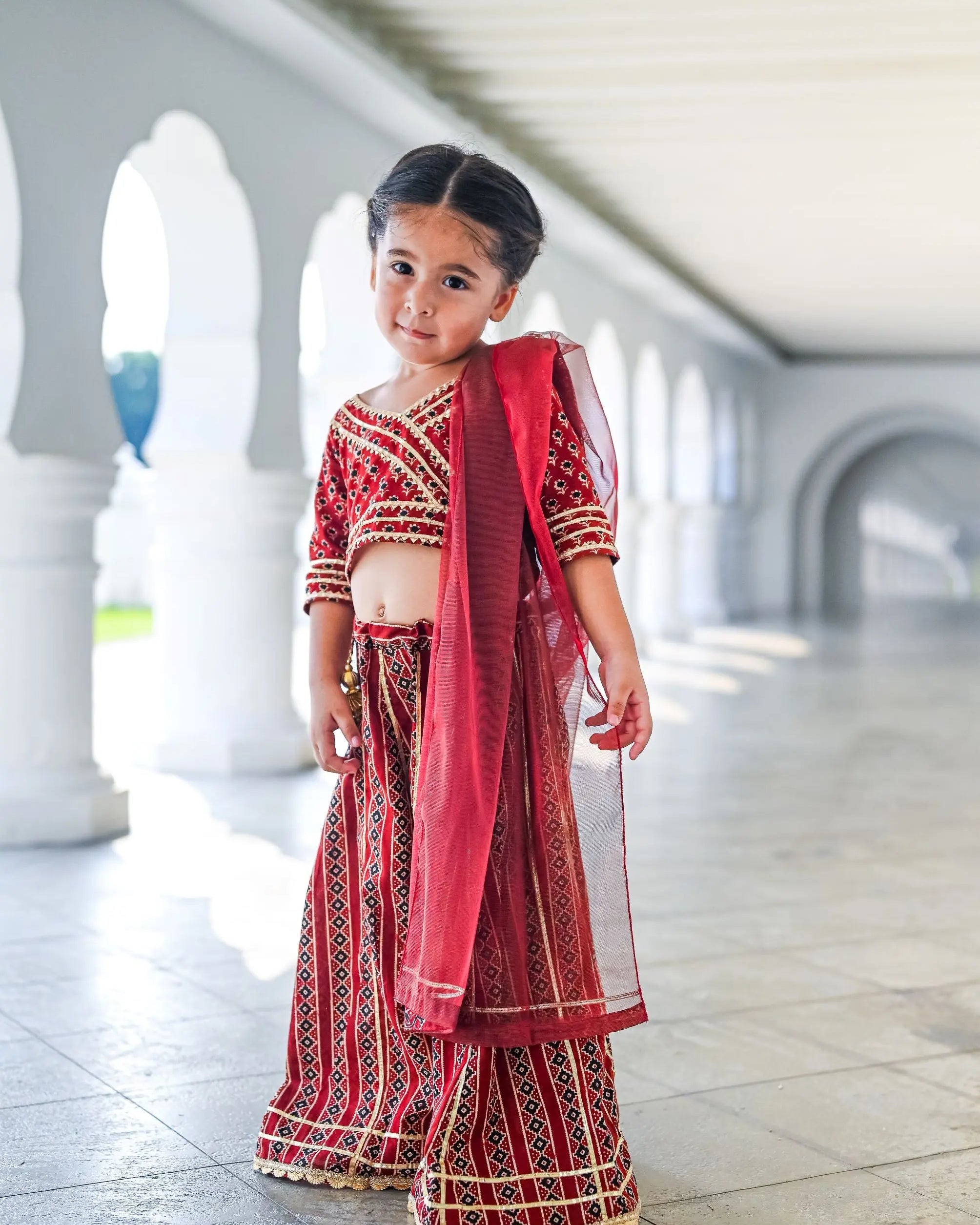 Raani Maroon Crop Top Choli & Skirt Lehenga Set Nimbu Kids