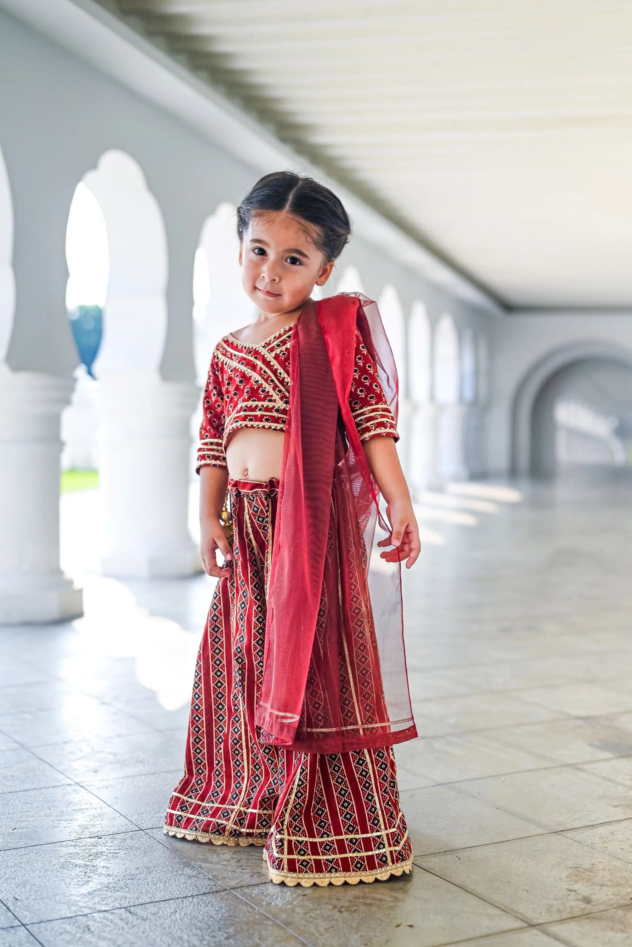 Raani Maroon Crop Top Choli & Skirt Lehenga Set Nimbu Kids