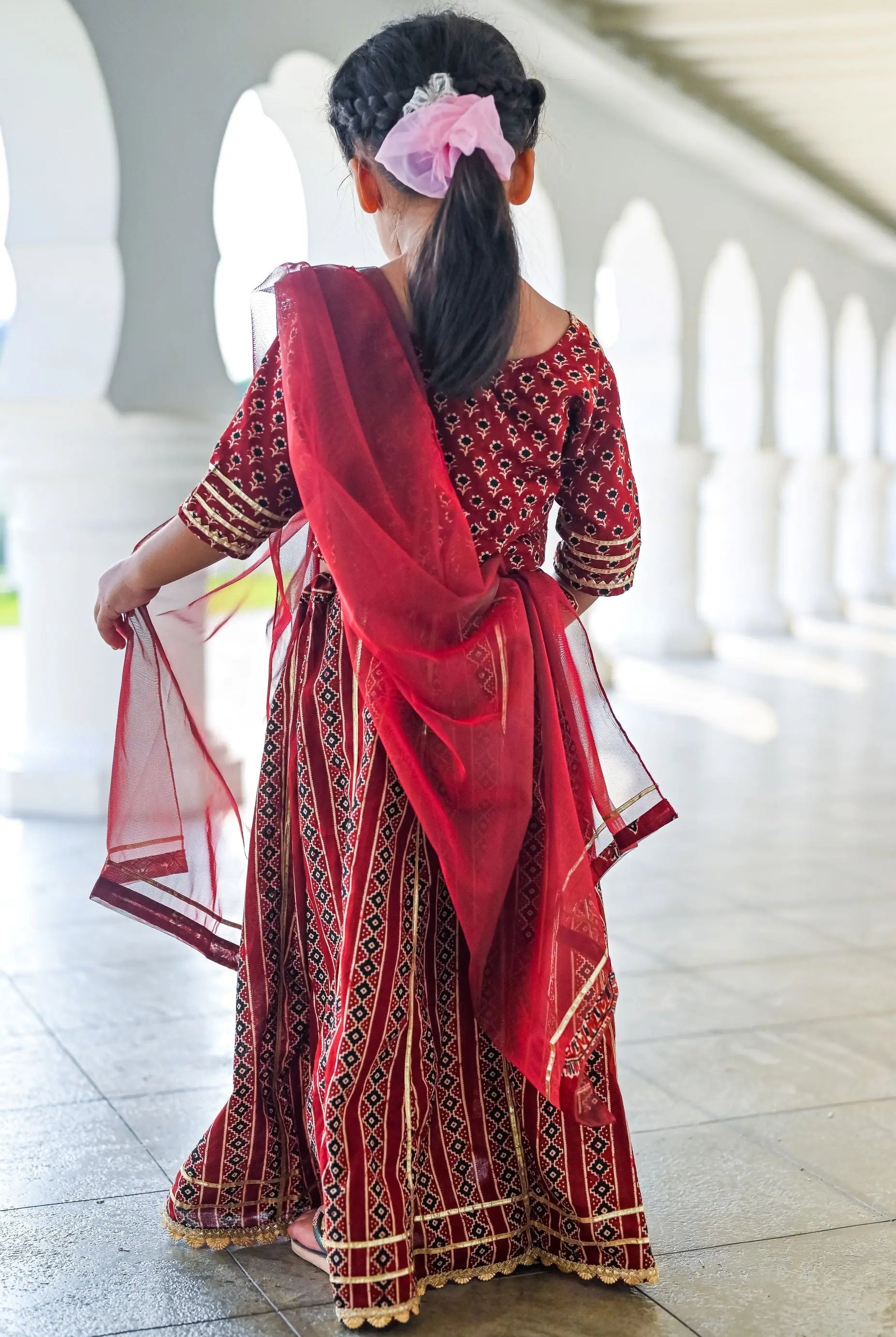 Raani Maroon Crop Top Choli & Skirt Lehenga Set Nimbu Kids