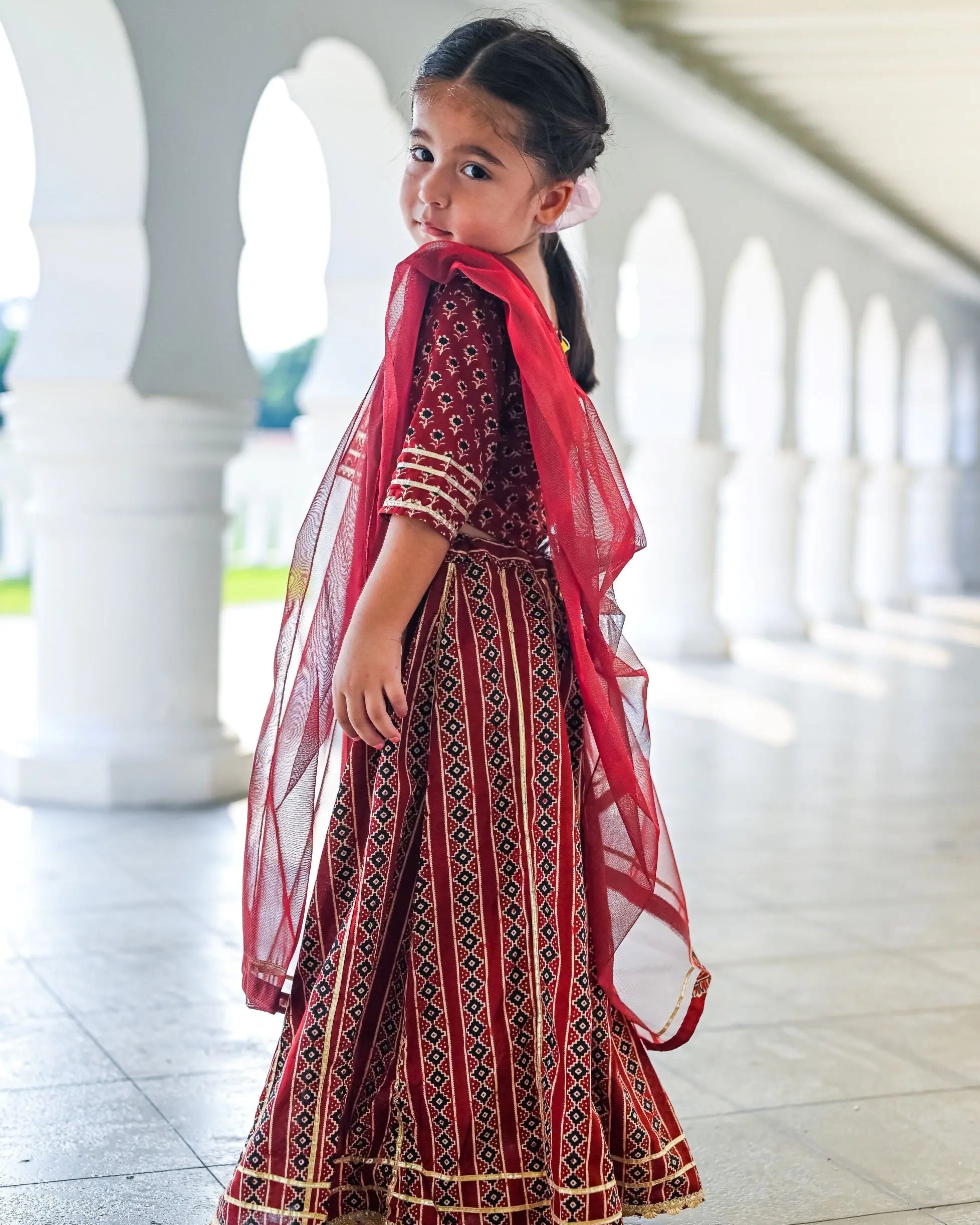 Raani Maroon Crop Top Choli & Skirt Lehenga Set Nimbu Kids