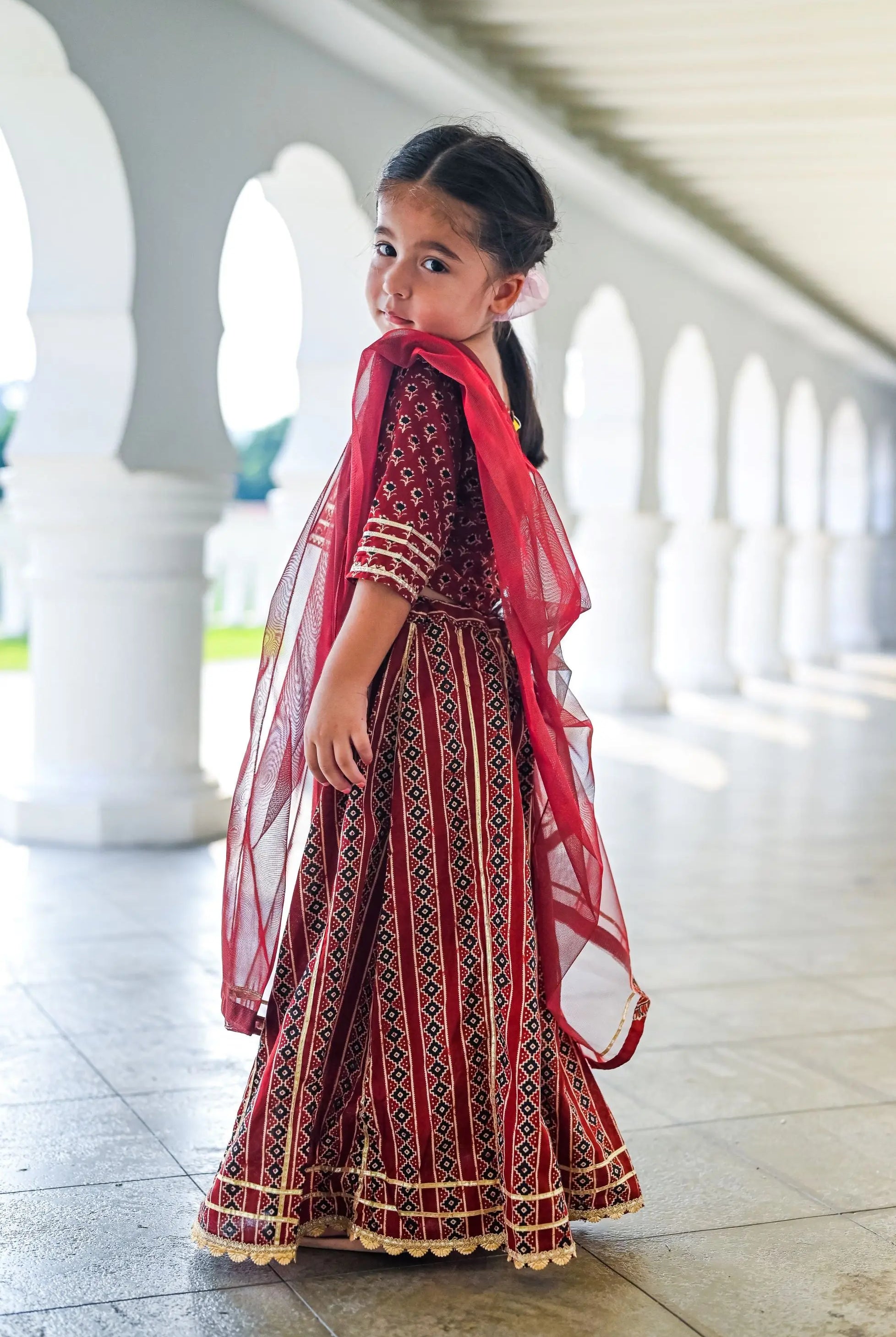 Raani Maroon Crop Top Choli & Skirt Lehenga Set Nimbu Kids