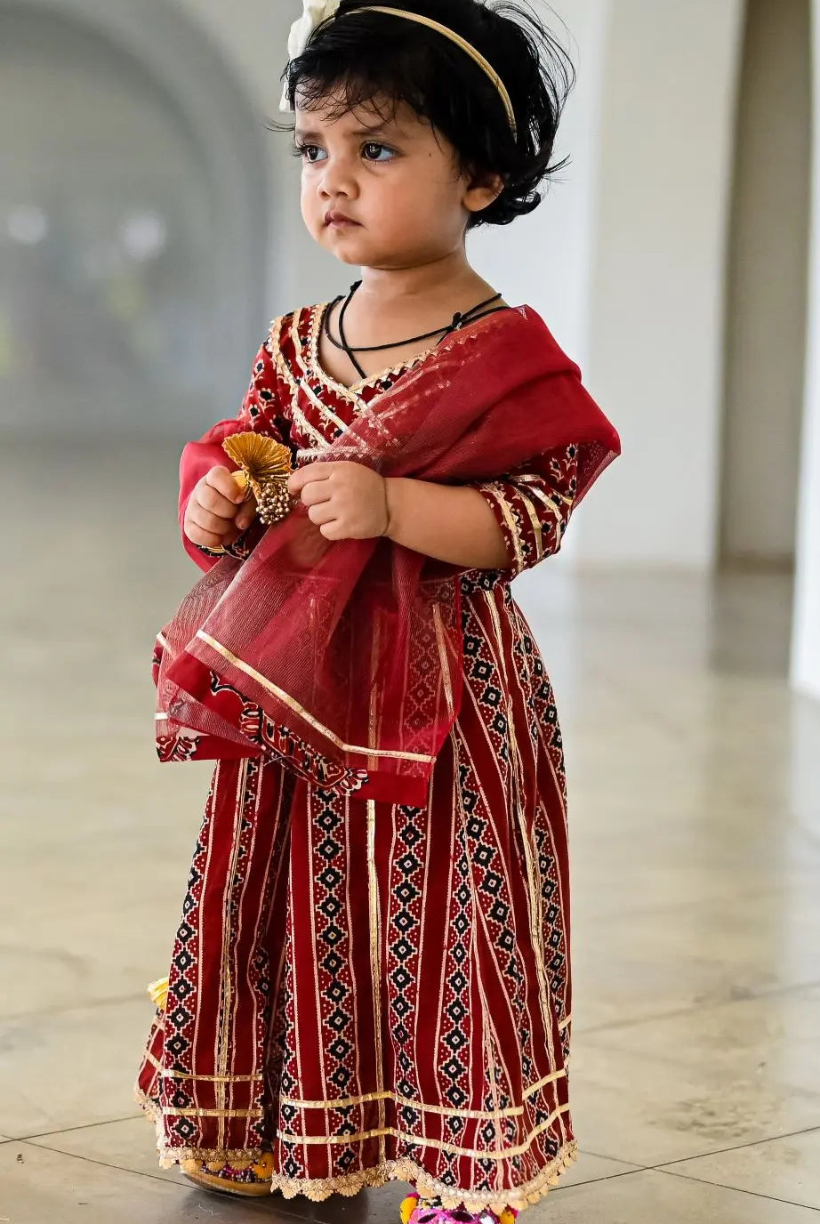 Raani Maroon Crop Top Choli & Skirt Lehenga Set Nimbu Kids