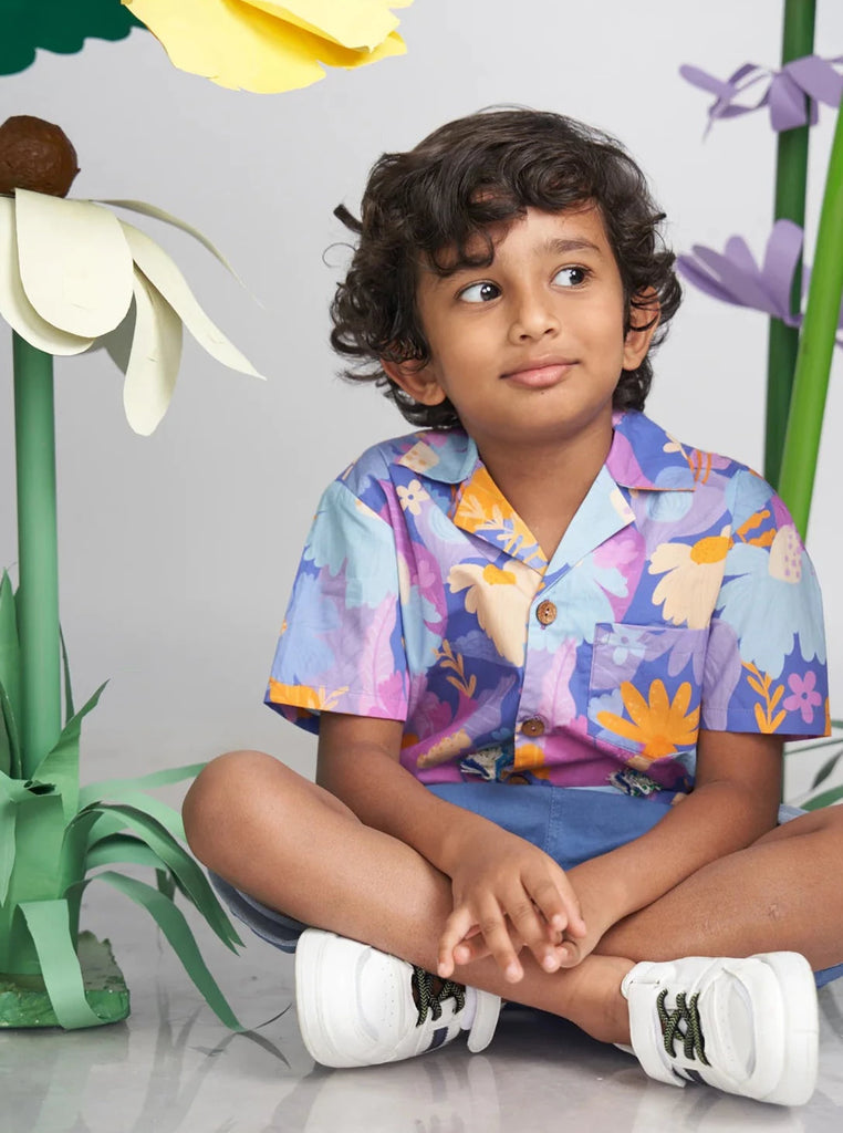Daffy Hawaiian Purple Summer Shirt in Organic Cotton NImbu Kids 